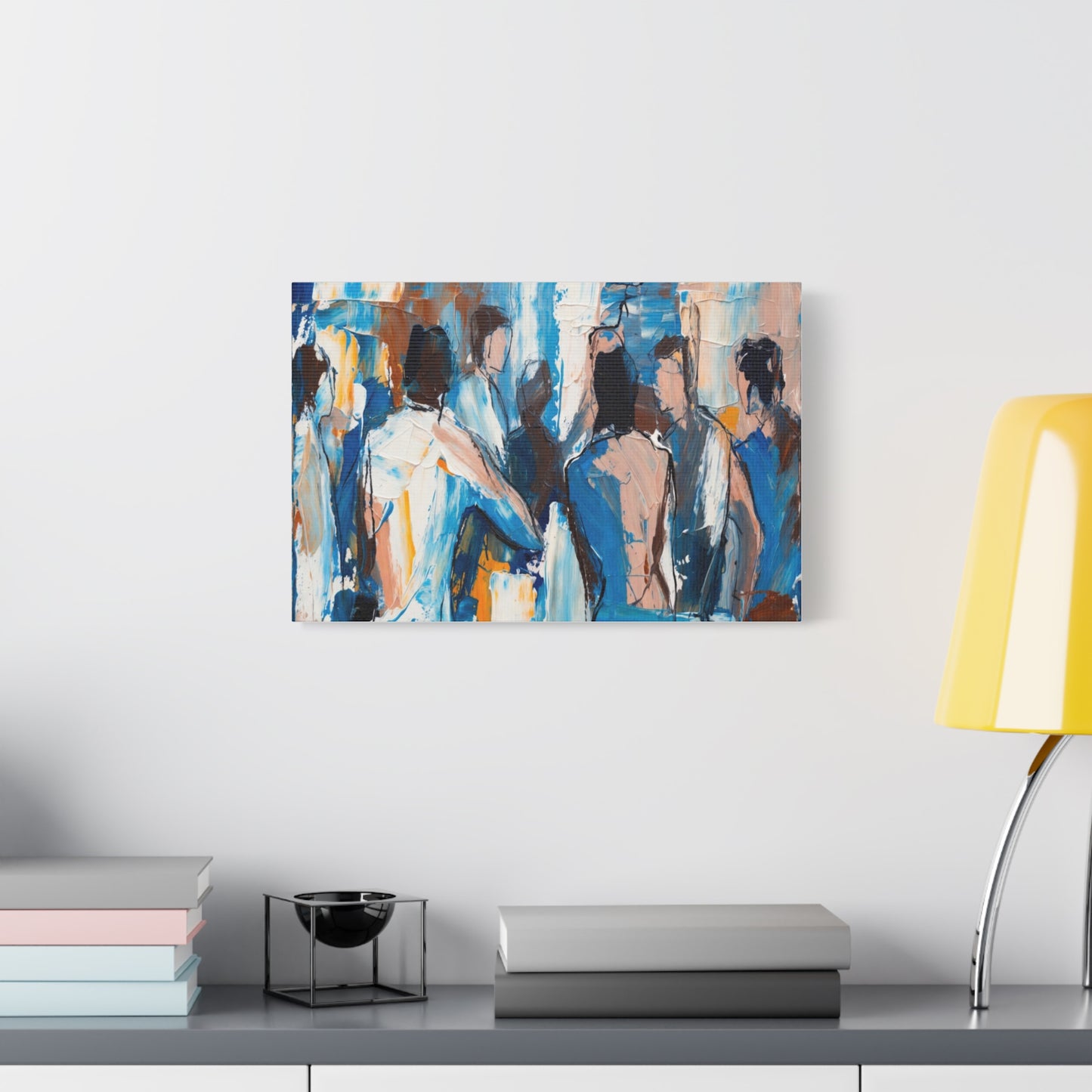 Abstract Figurative Canvas Art — Blue Social Scene Matte Stretched Canvas