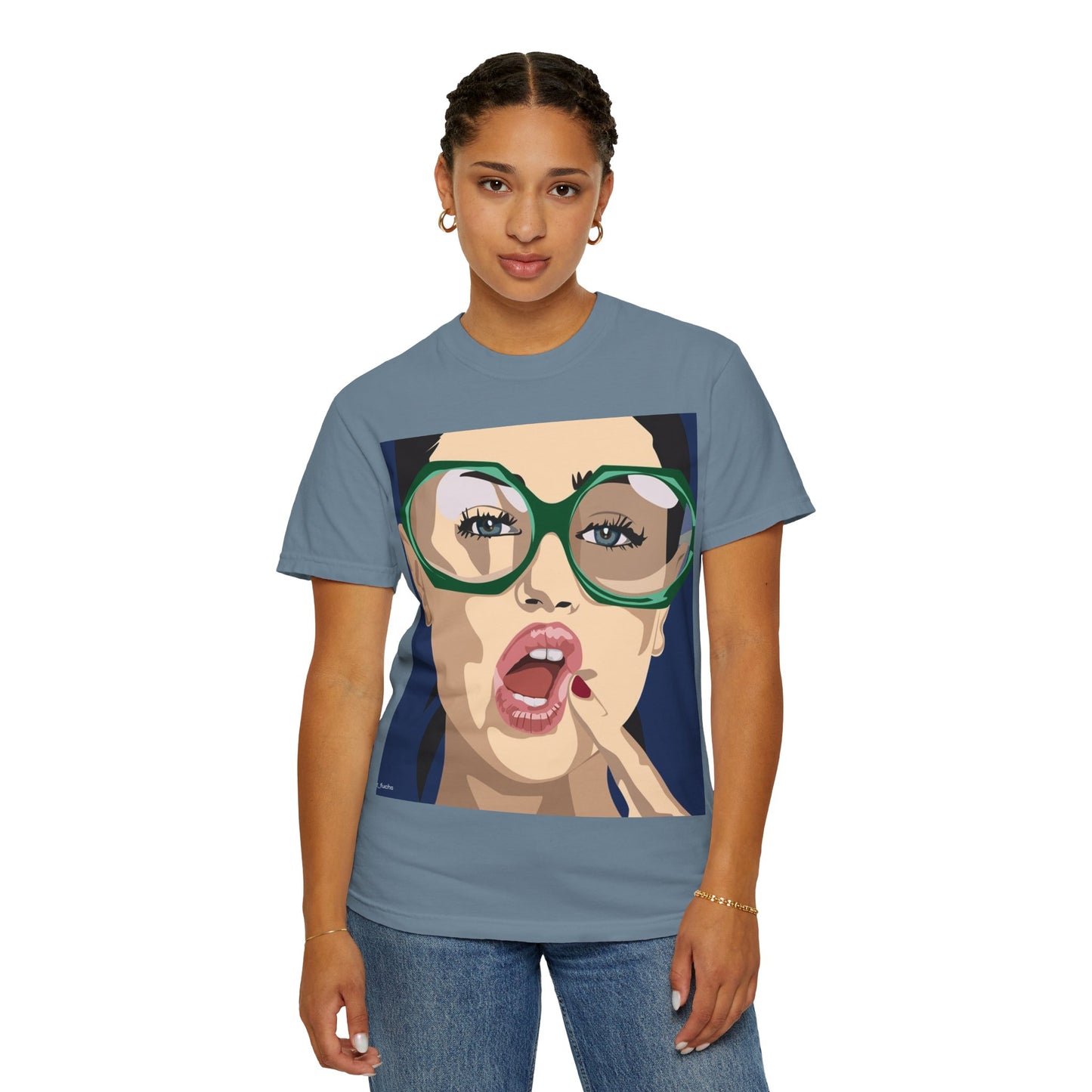 Pop Art Woman Graphic T‑Shirt — Retro Chic Green Glasses Design