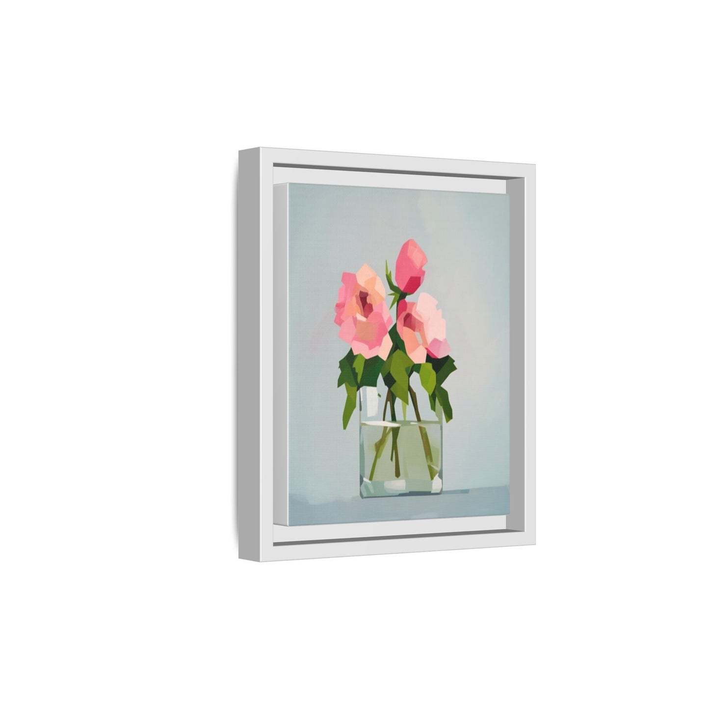 Framed Floral Canvas Print — Pink Roses in Glass Vase (Matte)