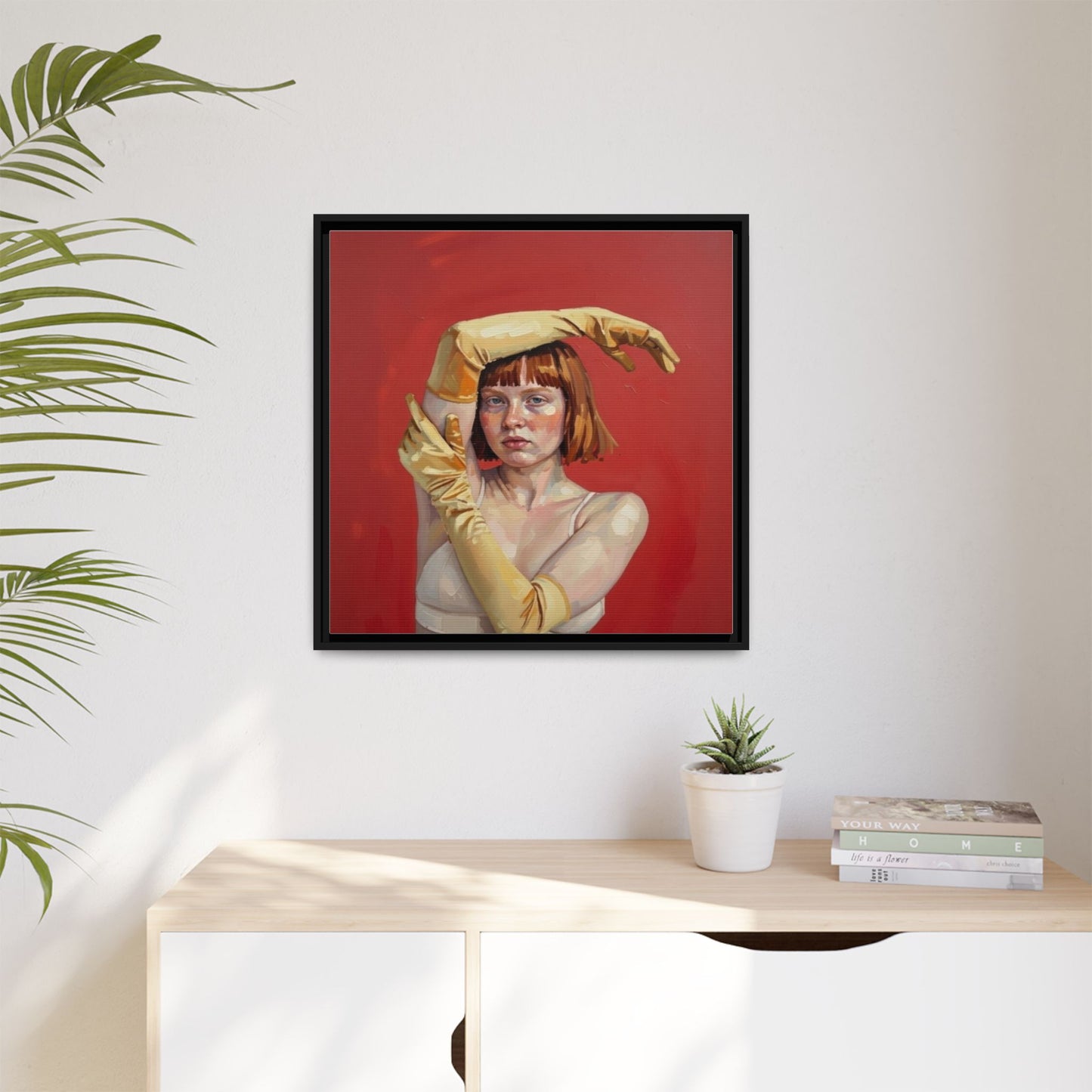 Framed Matte Canvas Art - Portrait of Woman in Yellow Gloves (Red Background)
