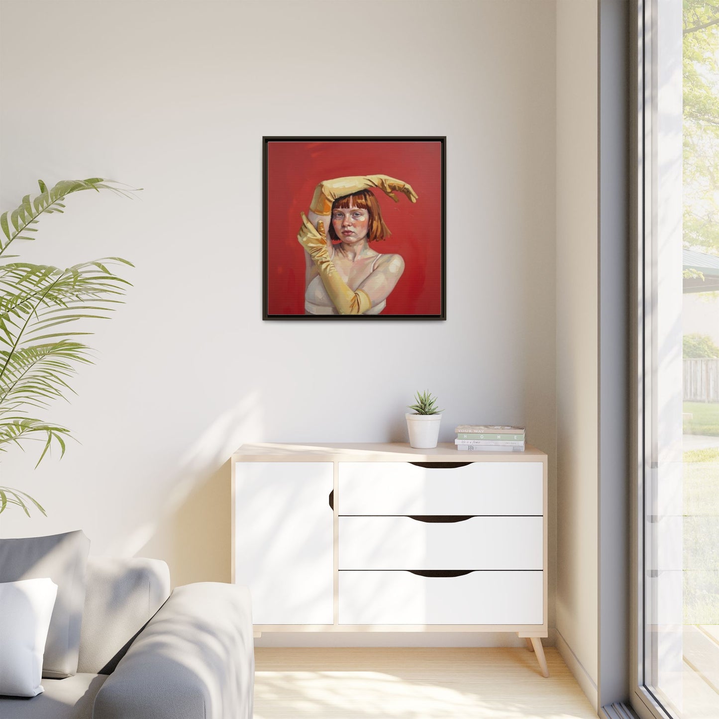 Framed Matte Canvas Art - Portrait of Woman in Yellow Gloves (Red Background)