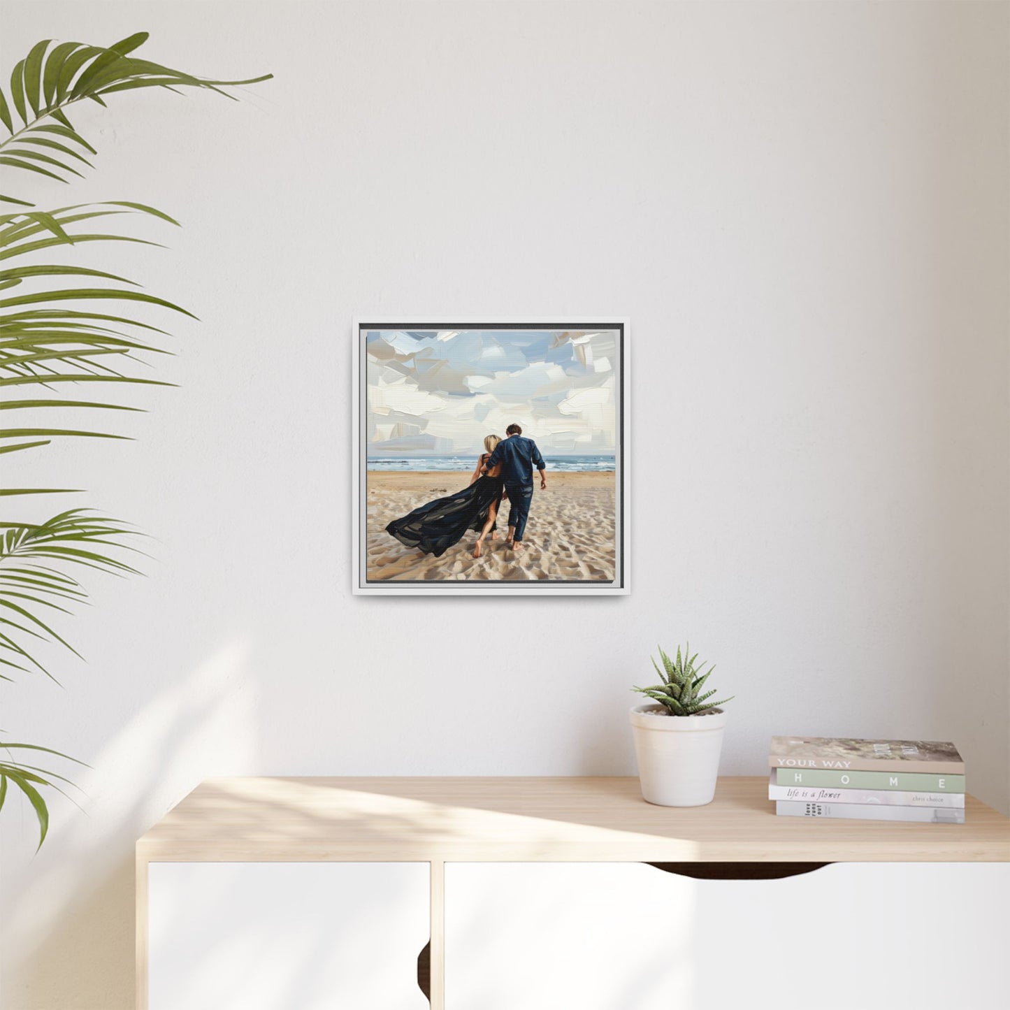 Framed Canvas Wall Art — Romantic Couple Walking on Beach Print