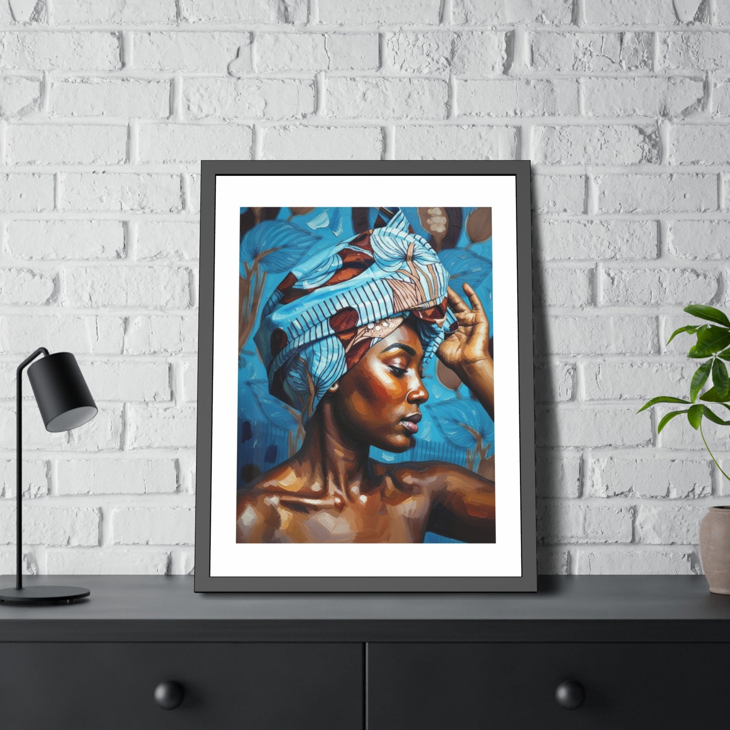 Framed Art Print — Portrait of Woman with Blue Headwrap (Gallery Wall Decor)