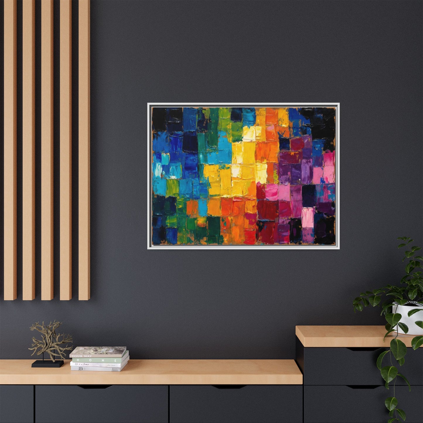 Abstract Rainbow Mosaic Framed Canvas Print — Colorful Modern Wall Art