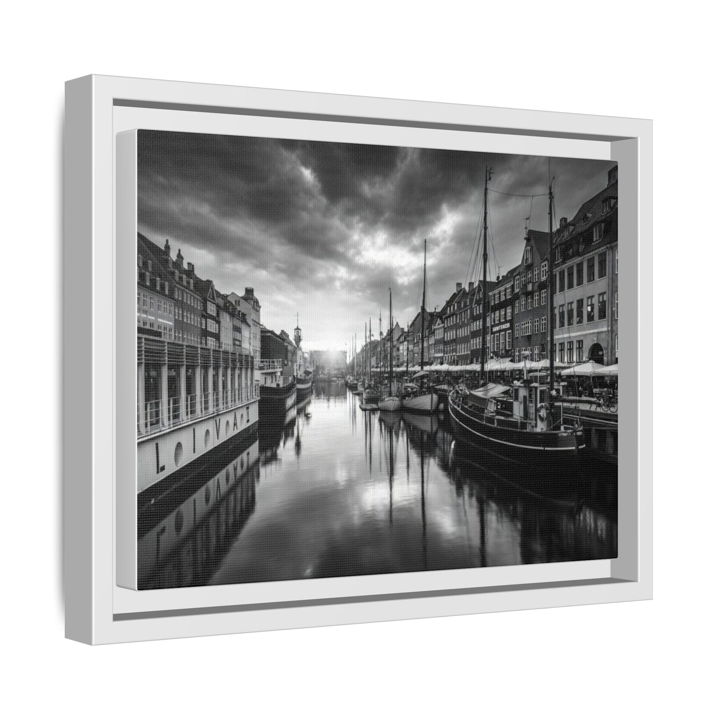 Framed Matte Canvas: Black & White Dutch Canal Photography Wall Art