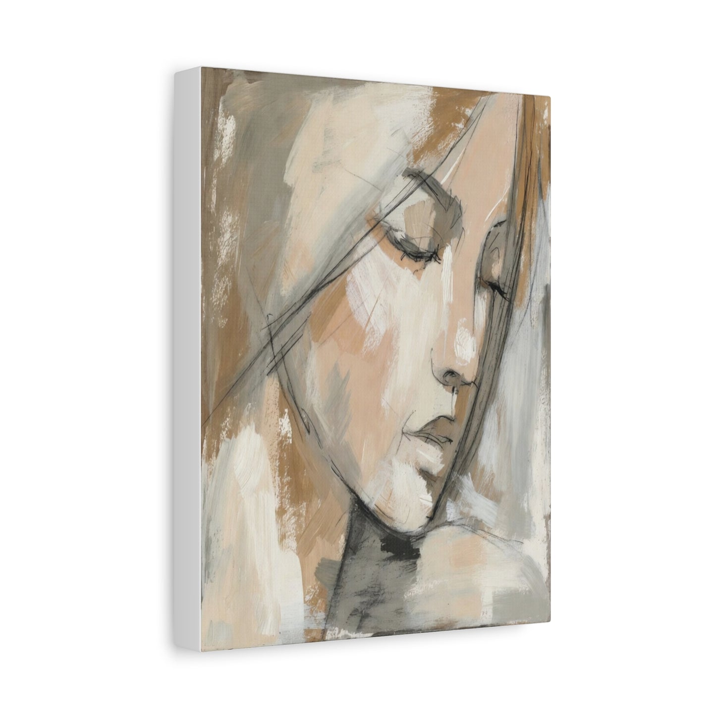 Serene Woman Portrait Matte Canvas Wall Art — Neutral Abstract Face Painting