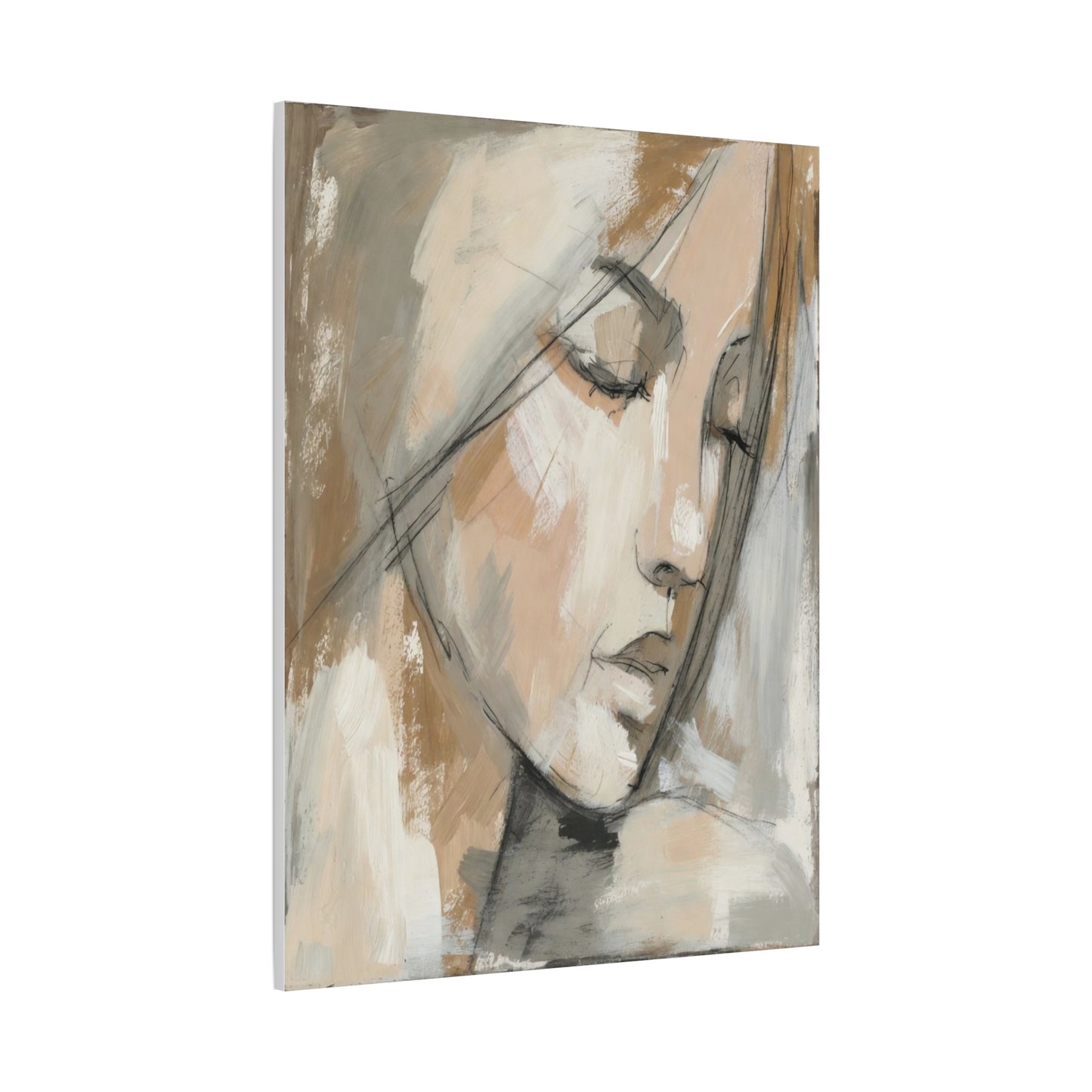 Serene Woman Portrait Matte Canvas Wall Art — Neutral Abstract Face Painting