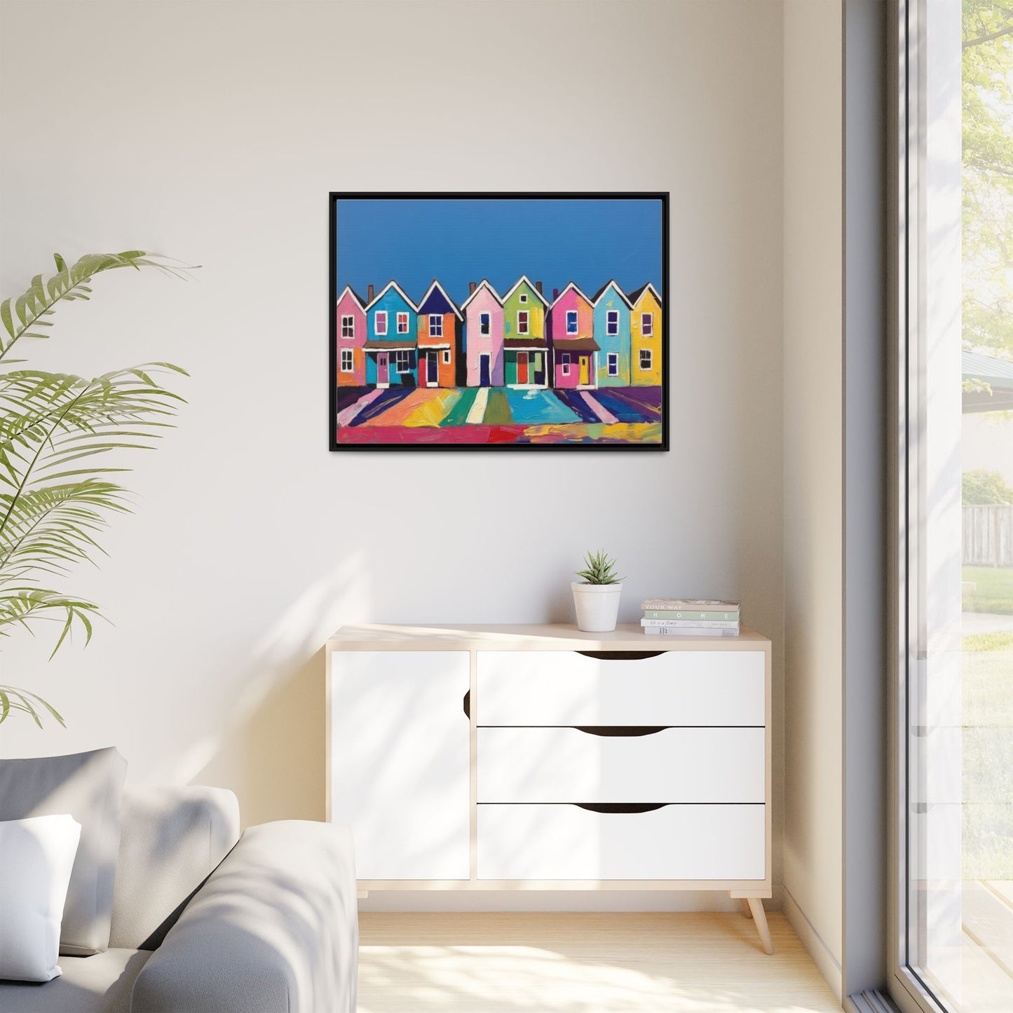 Colorful Beach Houses Matte Canvas Framed Wall Art
