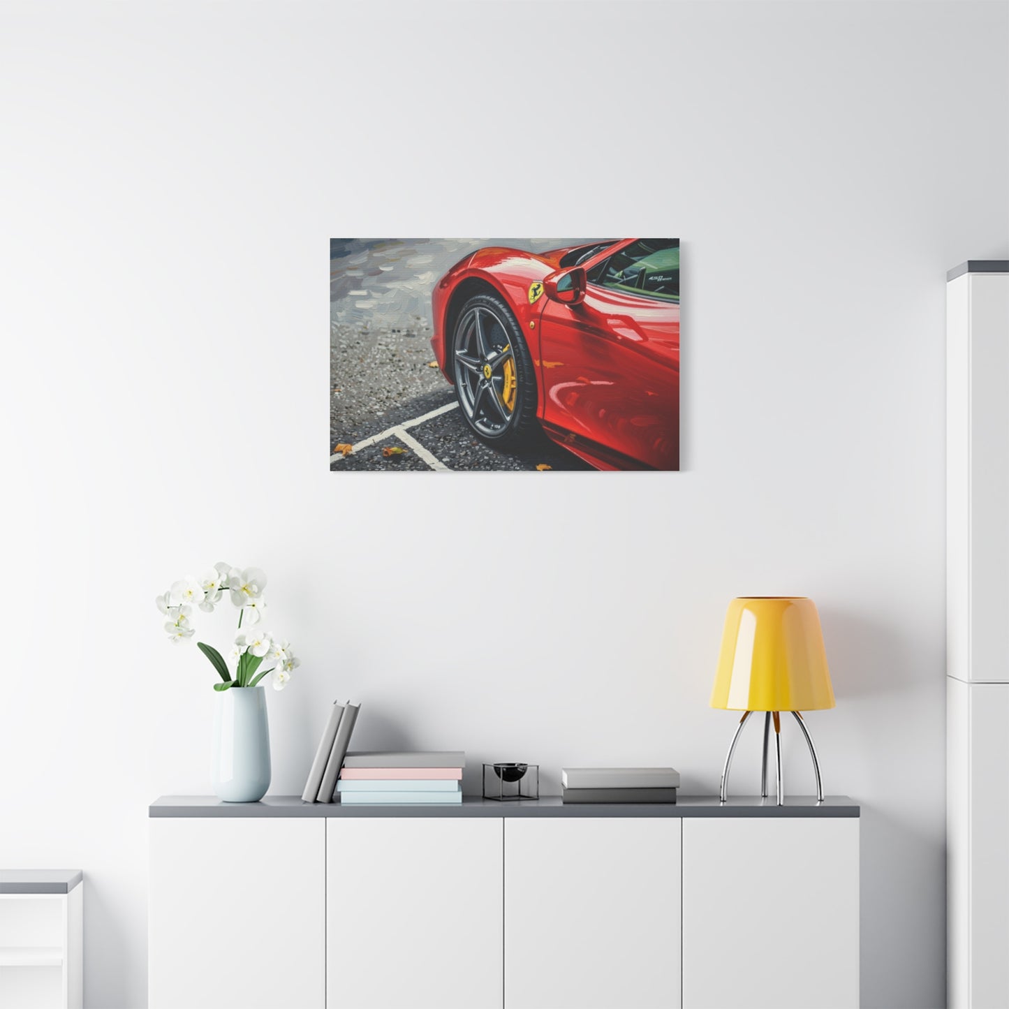 Red Sports Car Canvas Print — Ferrari Wheel Close-Up Matte Stretched Wall Art