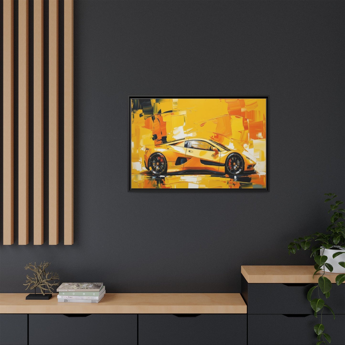 Yellow Sports Car Abstract Matte Canvas Framed Print