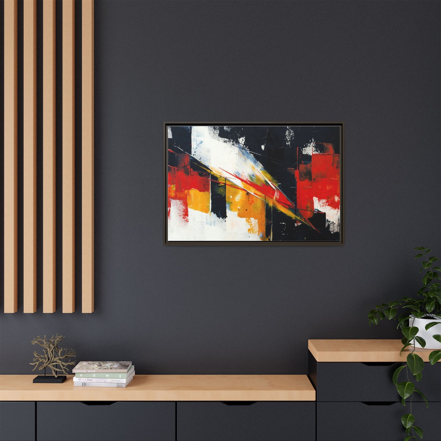 Abstract Red & Black Framed Canvas Print — Modern Geometric Wall Art