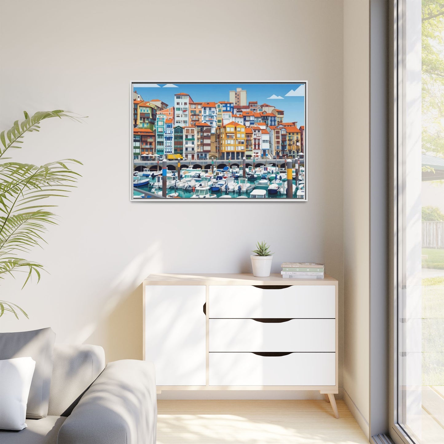 Framed Matte Canvas Print — Colorful Mediterranean Harbor Illustration