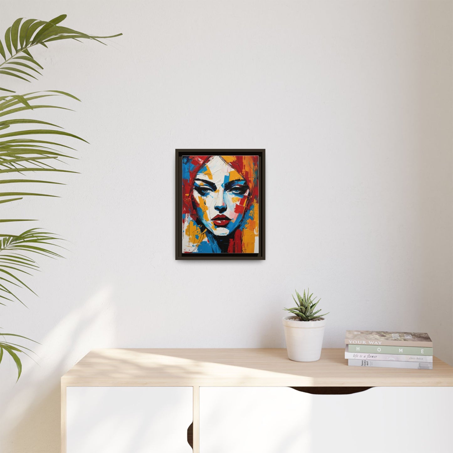 Framed Abstract Portrait Canvas — Colorful Female Face Wall Art