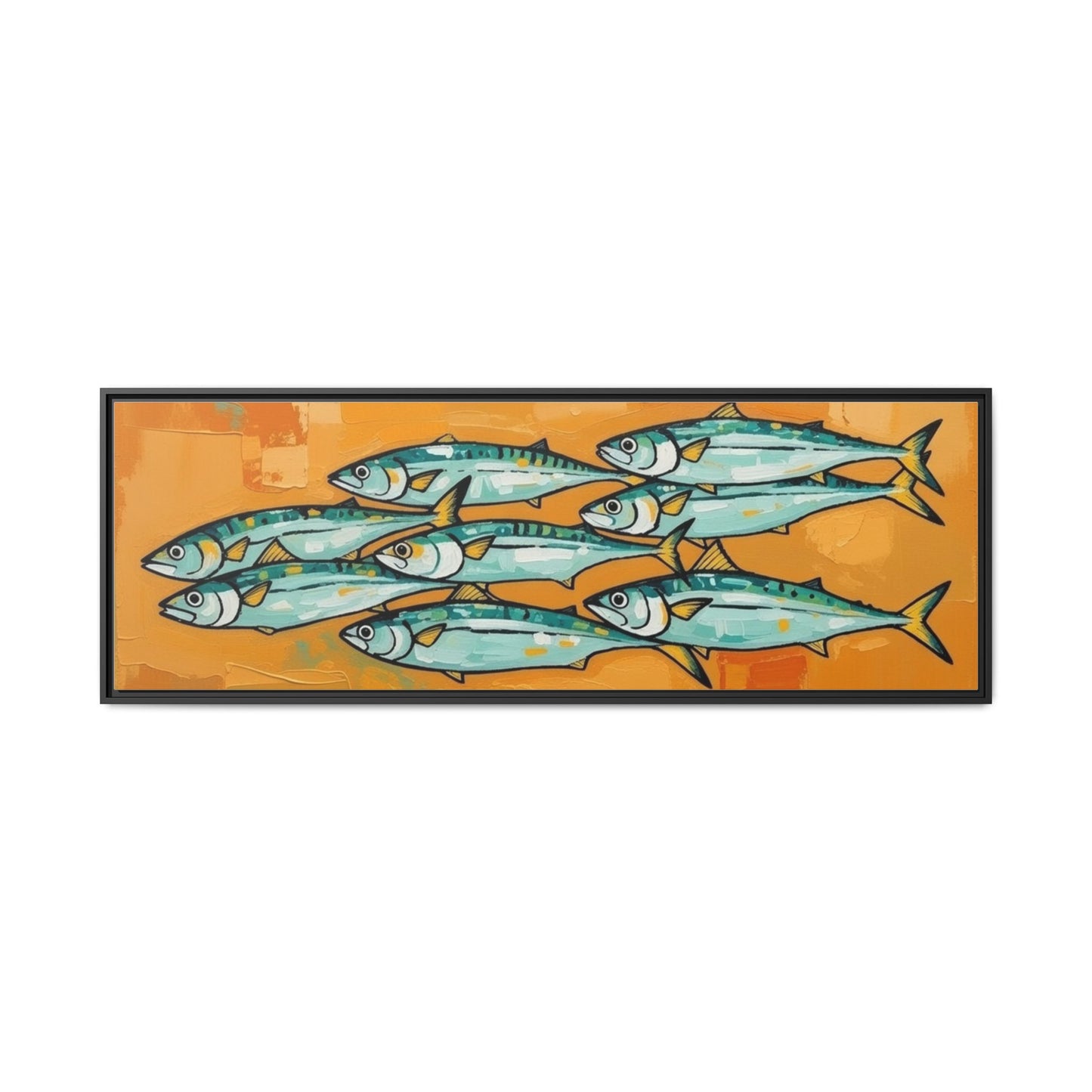 Framed Matte Canvas Print — School of Blue Fish on Orange Abstract Background