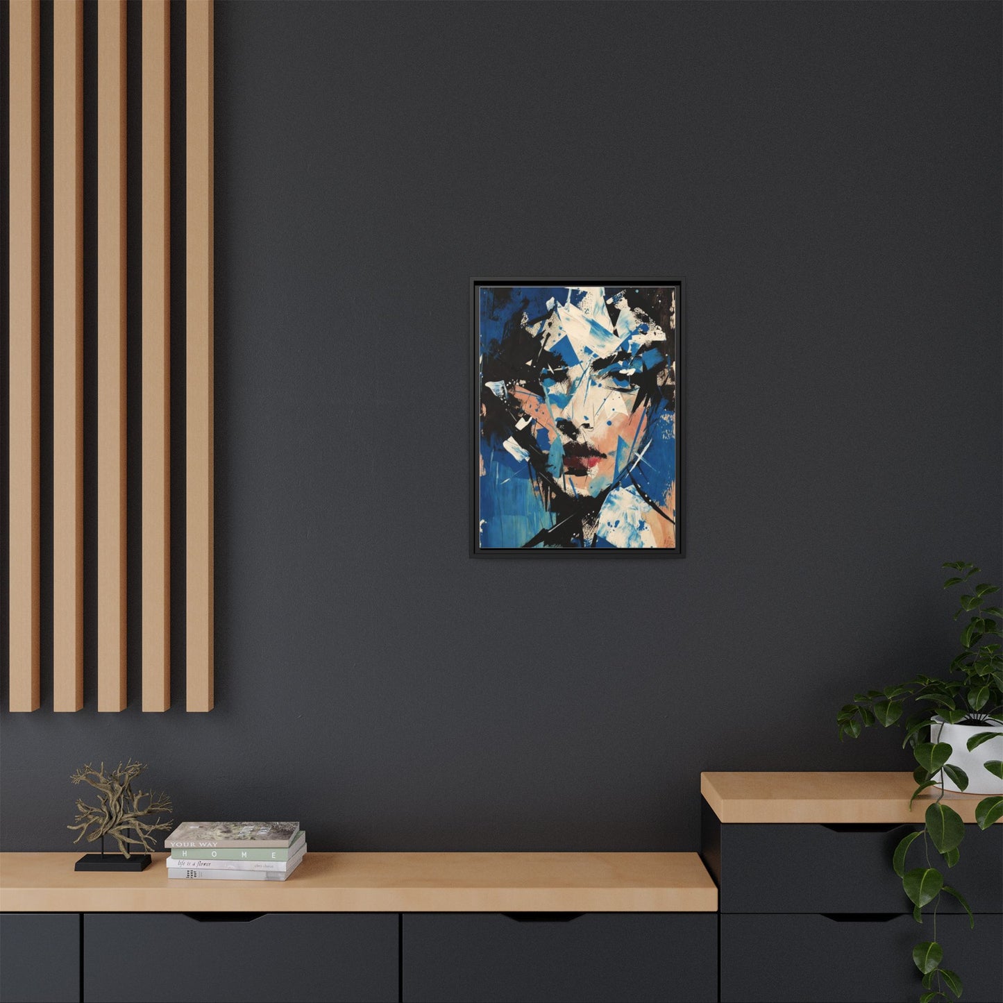Abstract Portrait Matte Canvas Framed Wall Art — Blue Mixed-Media Face Print