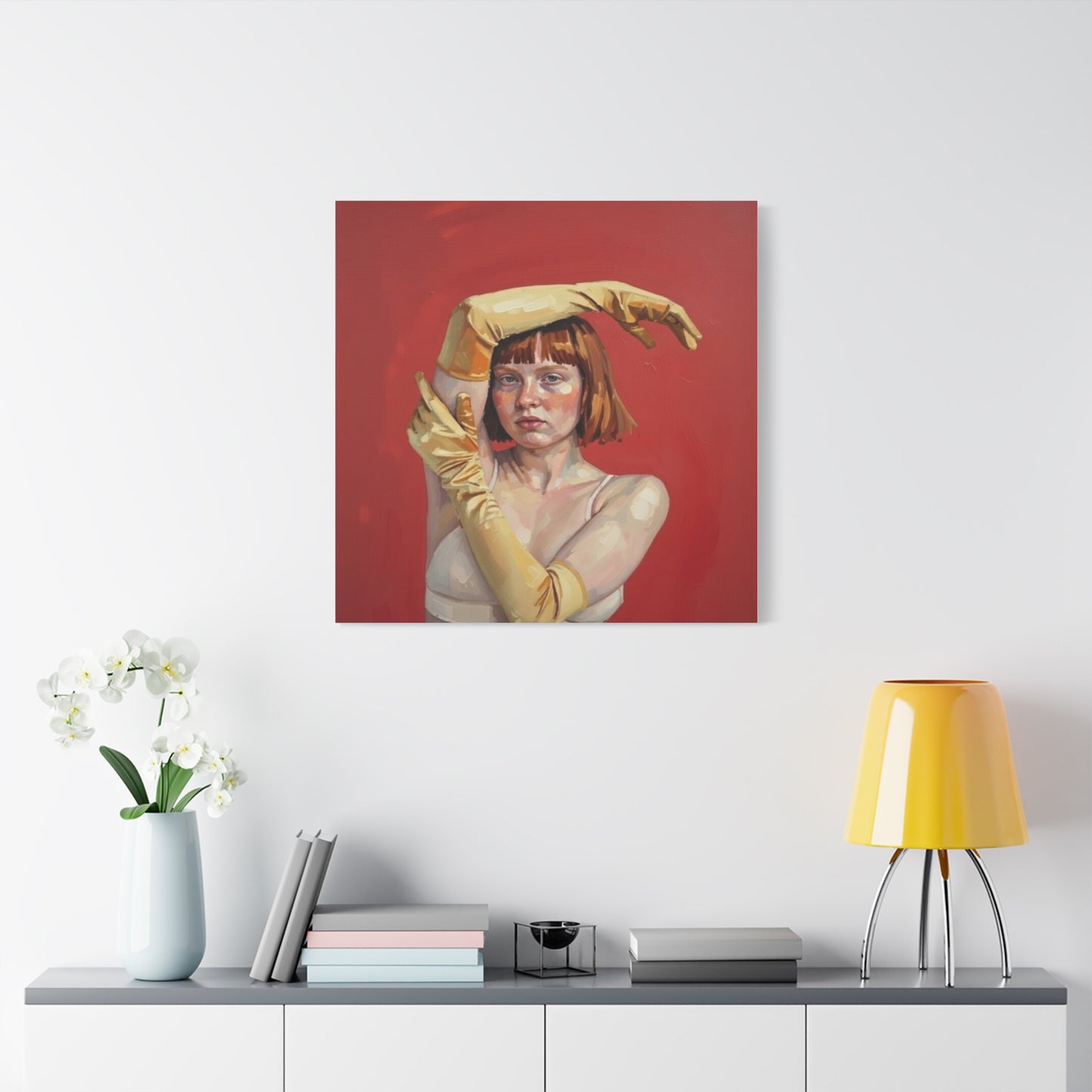 Figurative Portrait Canvas — Woman with Yellow Gloves on Red Background