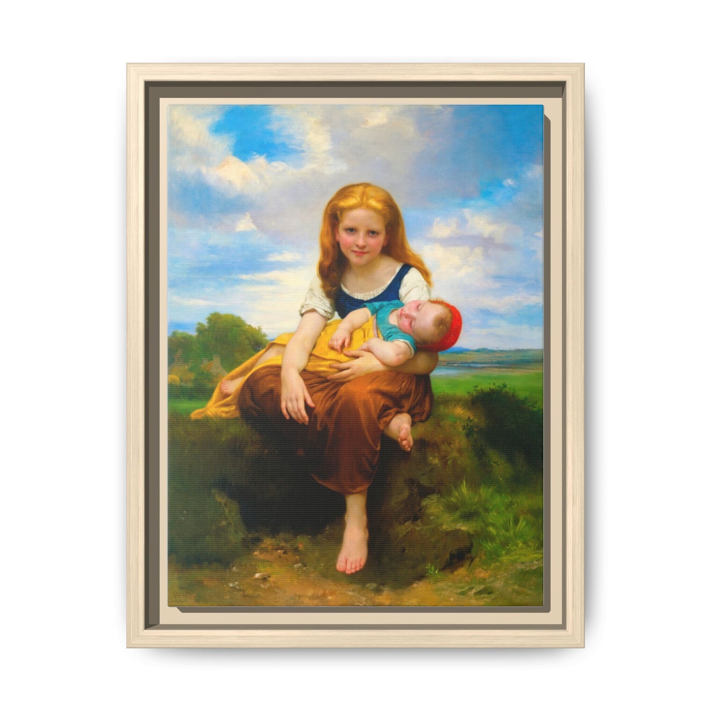 Young Girl Holding Sleeping Baby Canvas Print, Framed Wall Art