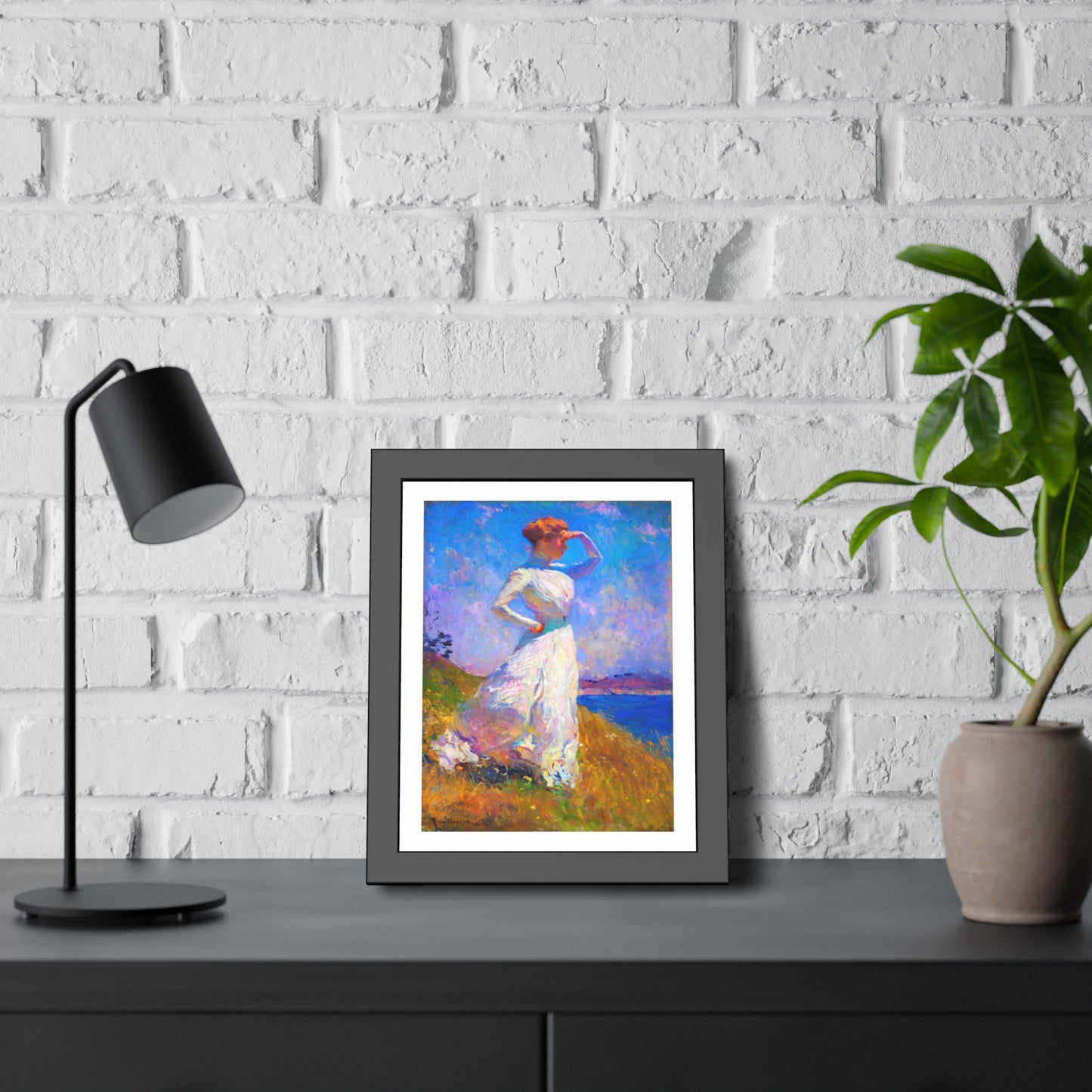 Coastal Impressionist Framed Poster — Woman in White Seaside Art Print