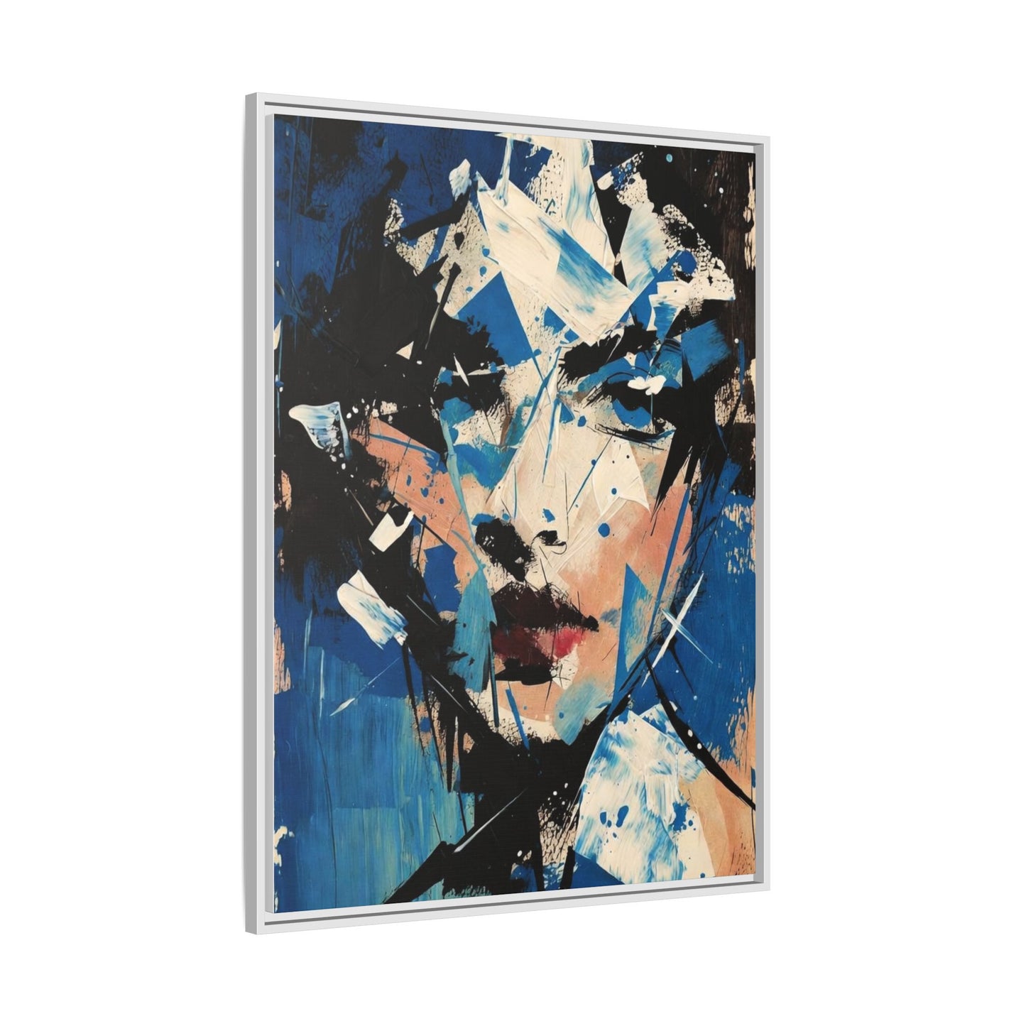 Abstract Portrait Matte Canvas Framed Wall Art — Blue Mixed-Media Face Print