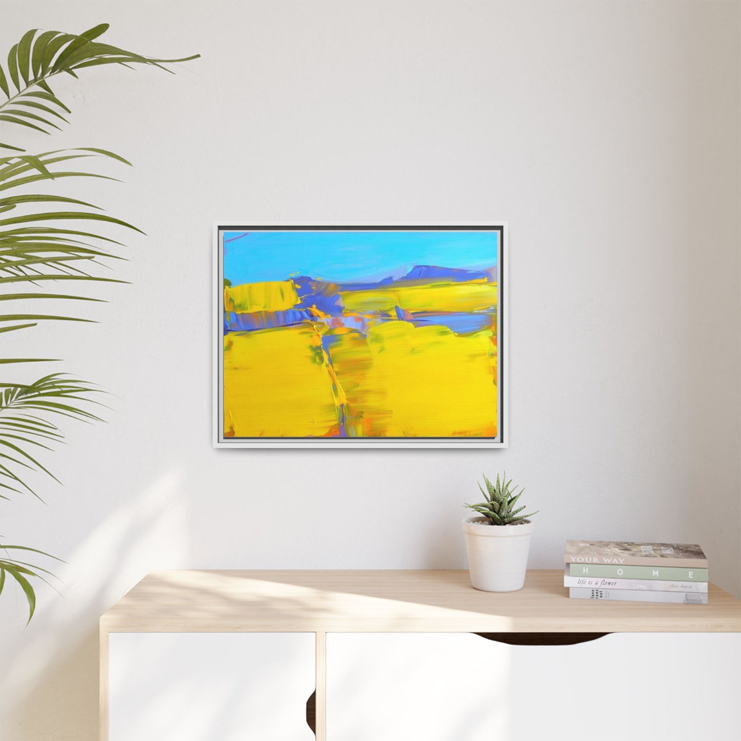 Framed Matte Canvas  Vibrant Yellow Blue Abstract Landscape Art