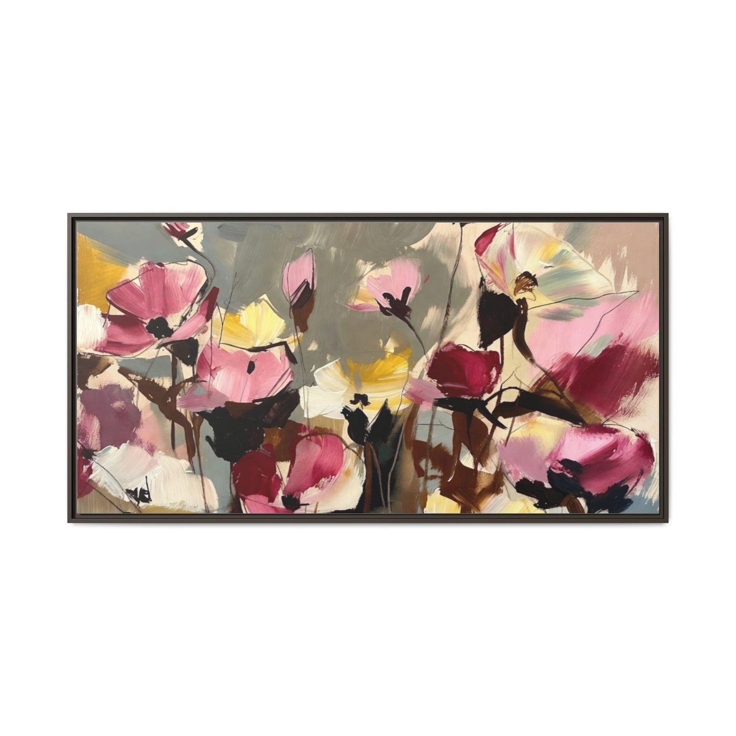 Framed Floral Canvas Wall Art — Abstract Pink & Yellow Flowers