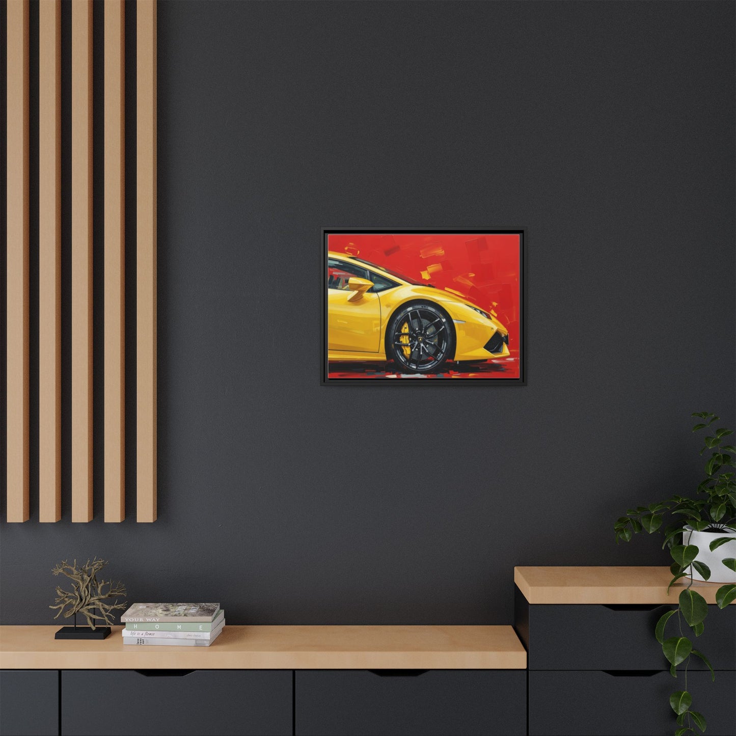 Yellow Sports Car Matte Canvas Print — Framed Automotive Wall Art