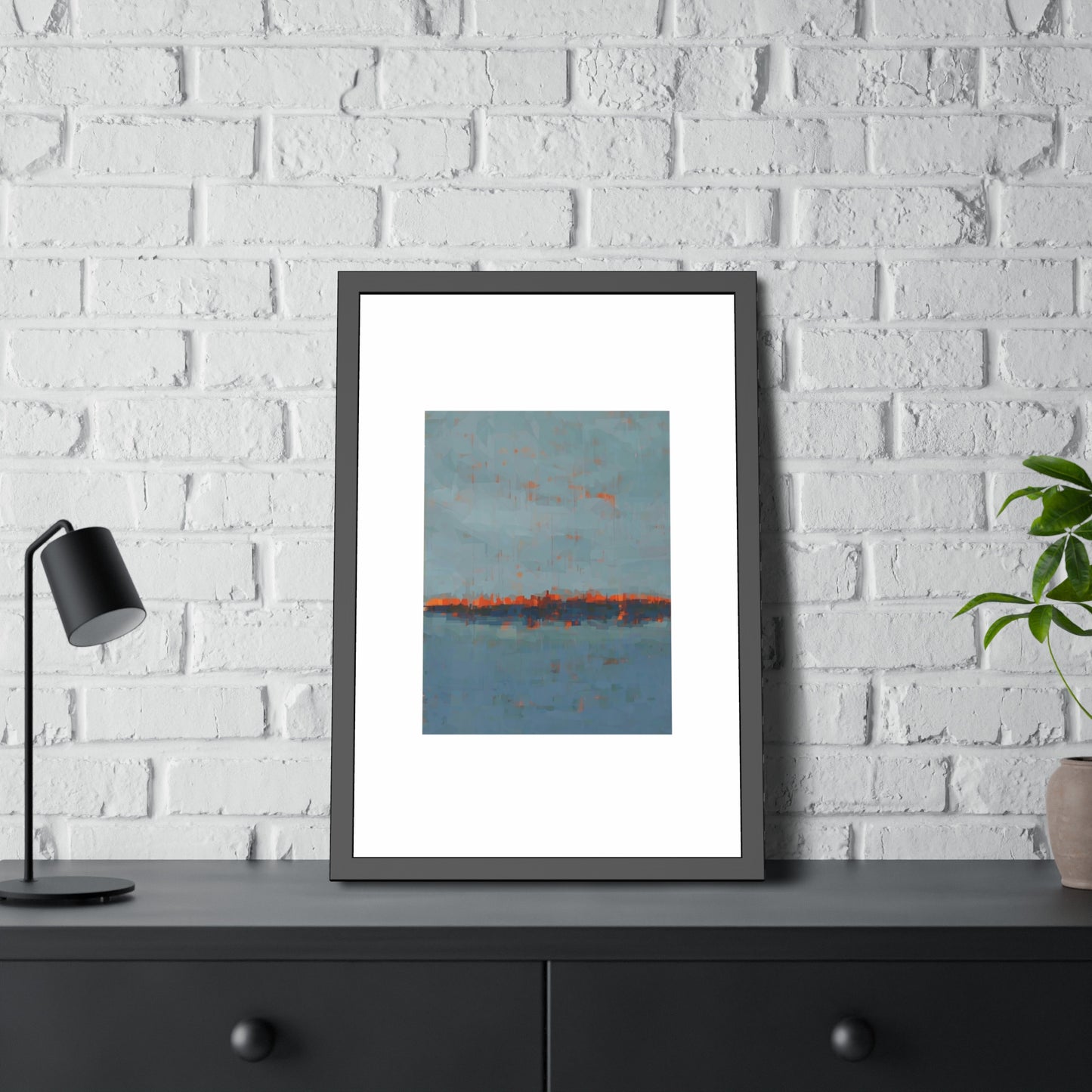 Abstract Seaside Framed Poster — Blue & Copper Minimalist Wall Art