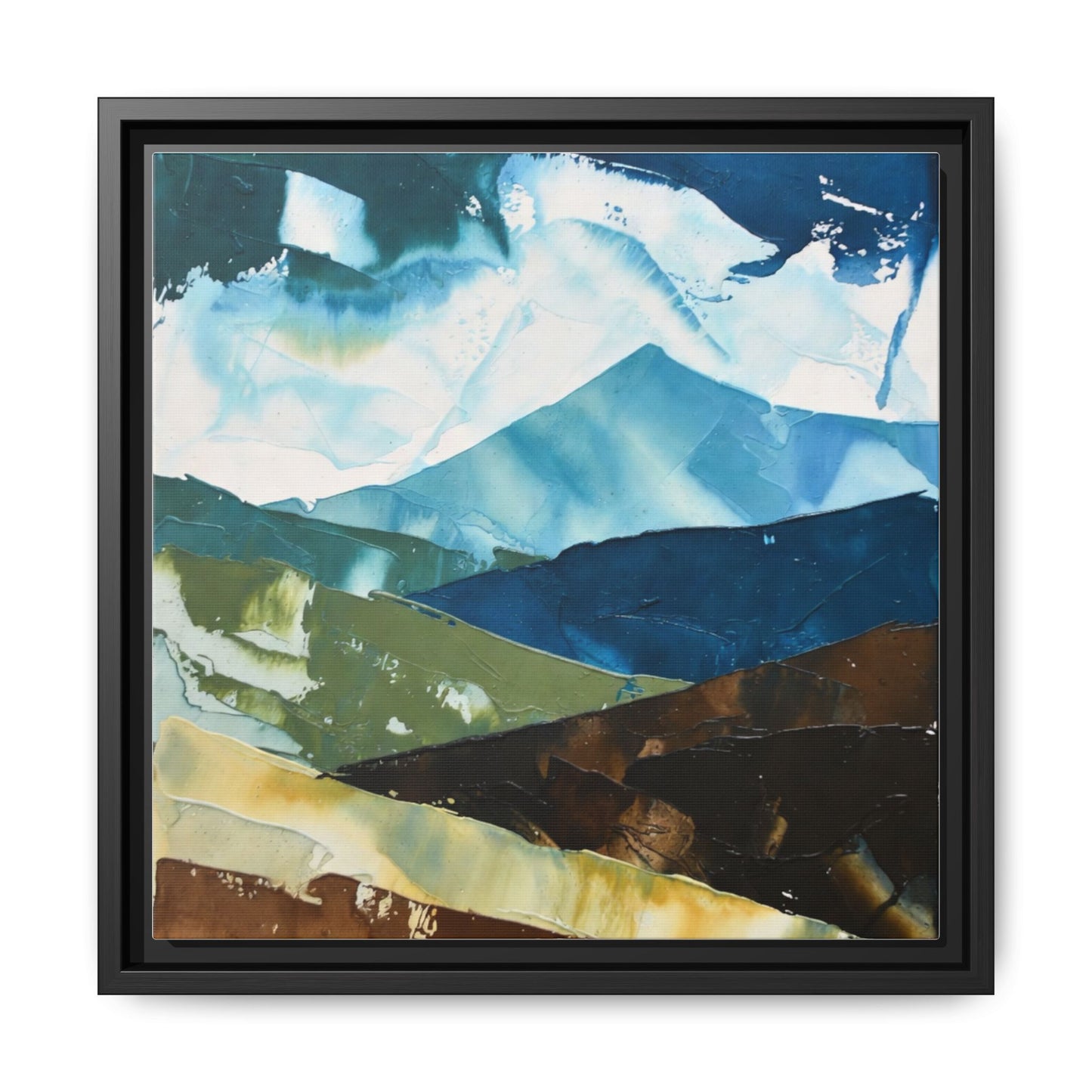 Framed Abstract Mountain Canvas Art — Blue & Earthtone Landscape Print