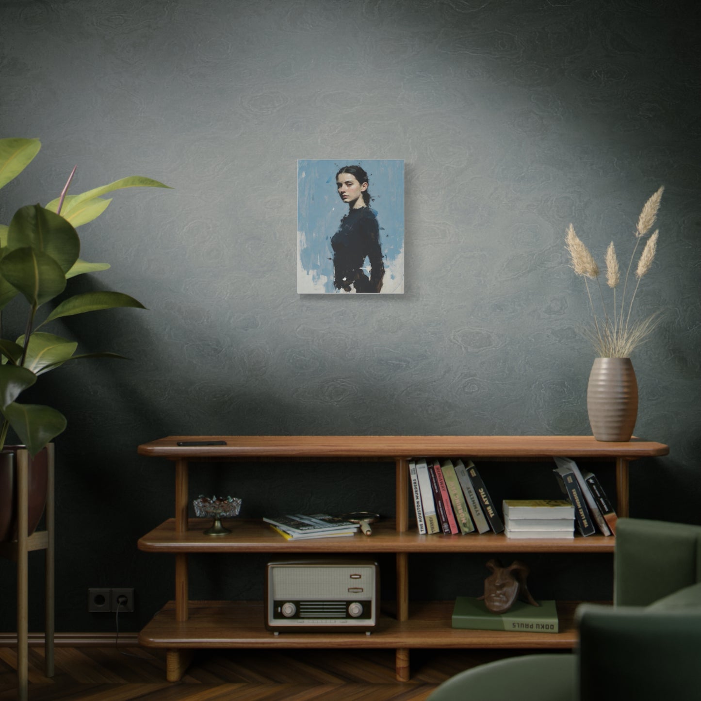 Matte Stretched Canvas Print — Portrait of a Young Woman, Moody Blue Figurative Art