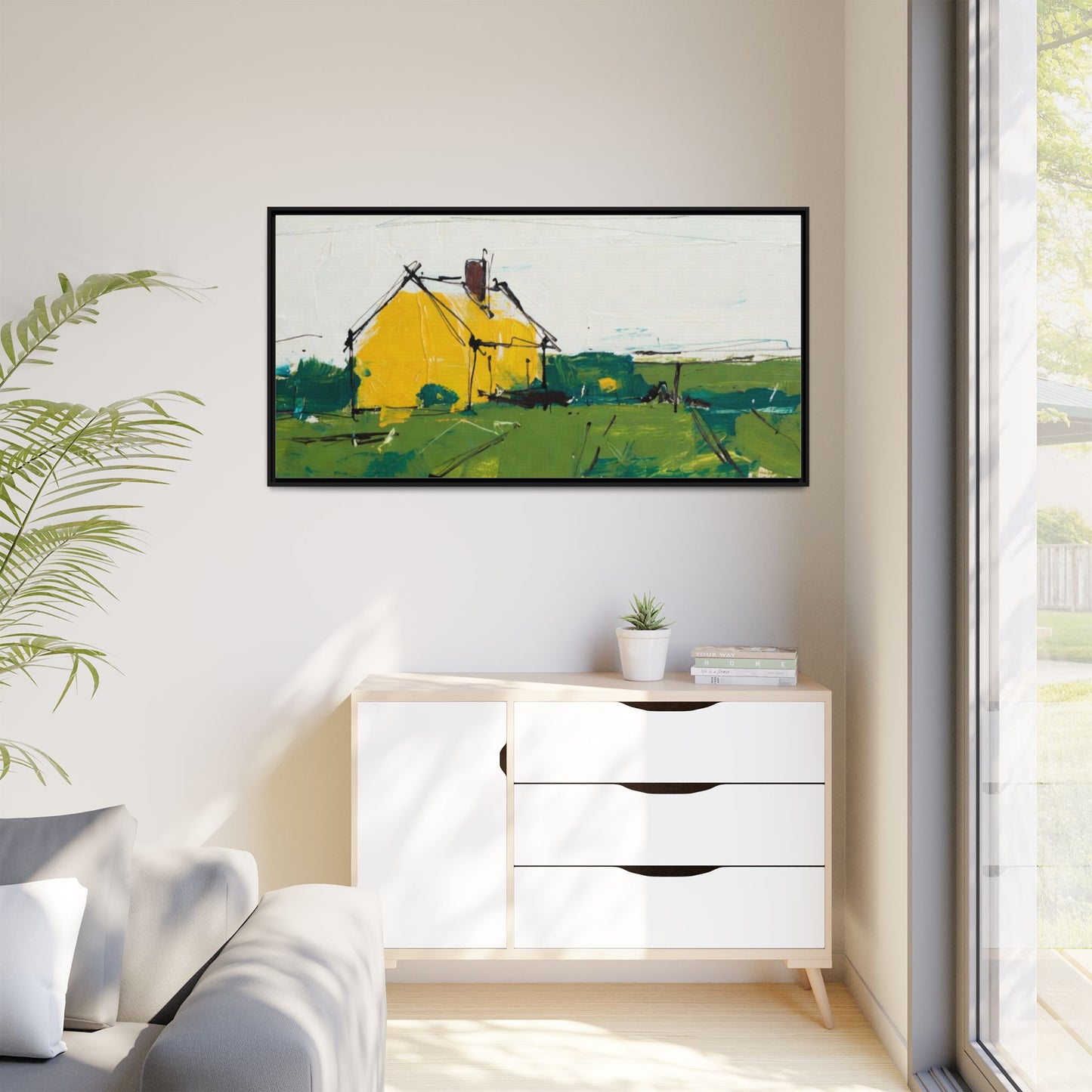 Yellow Cottage Landscape Framed Canvas Print