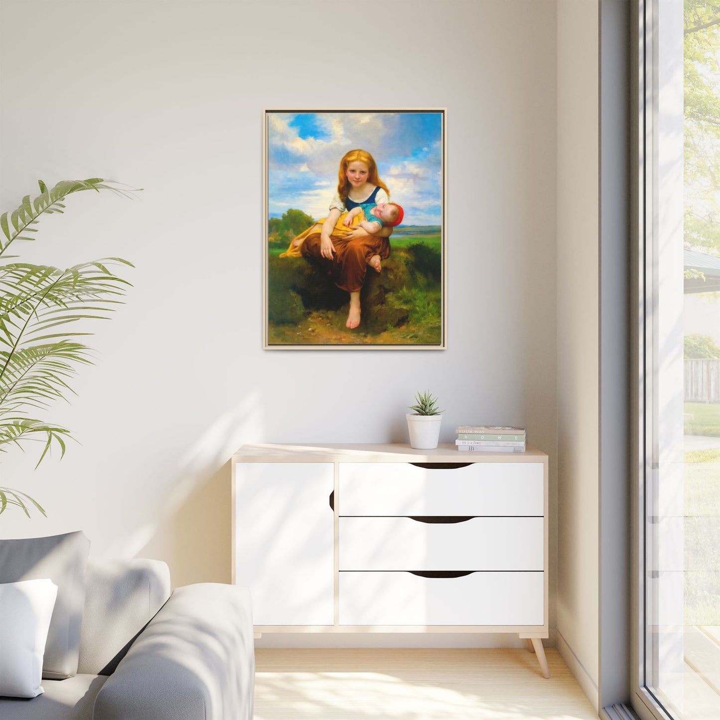 Young Girl Holding Sleeping Baby Canvas Print, Framed Wall Art