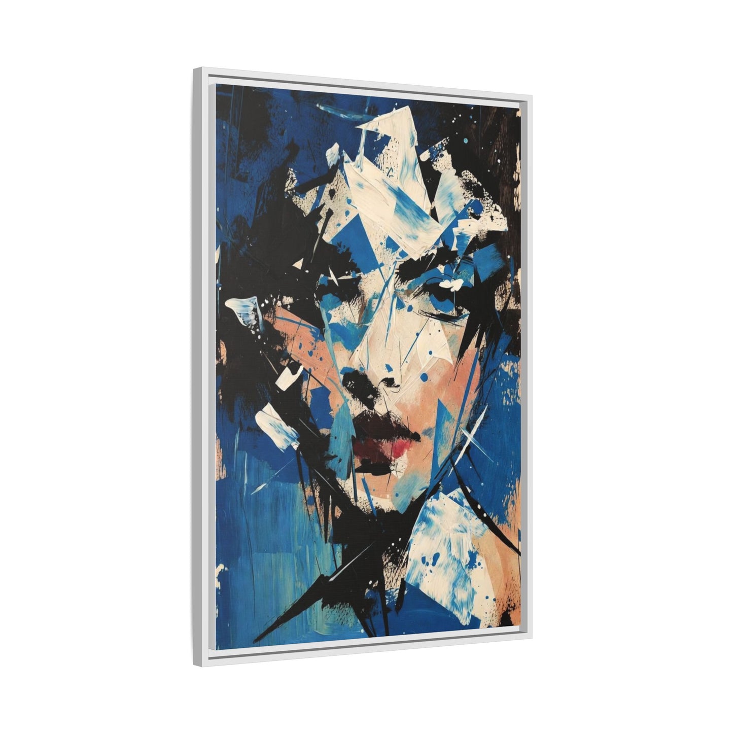 Abstract Portrait Matte Canvas Framed Wall Art — Blue Mixed-Media Face Print