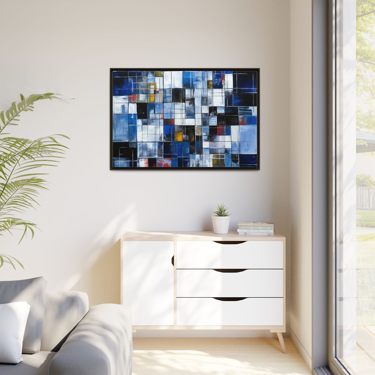 Abstract Blue Grid Matte Canvas Framed Art Print