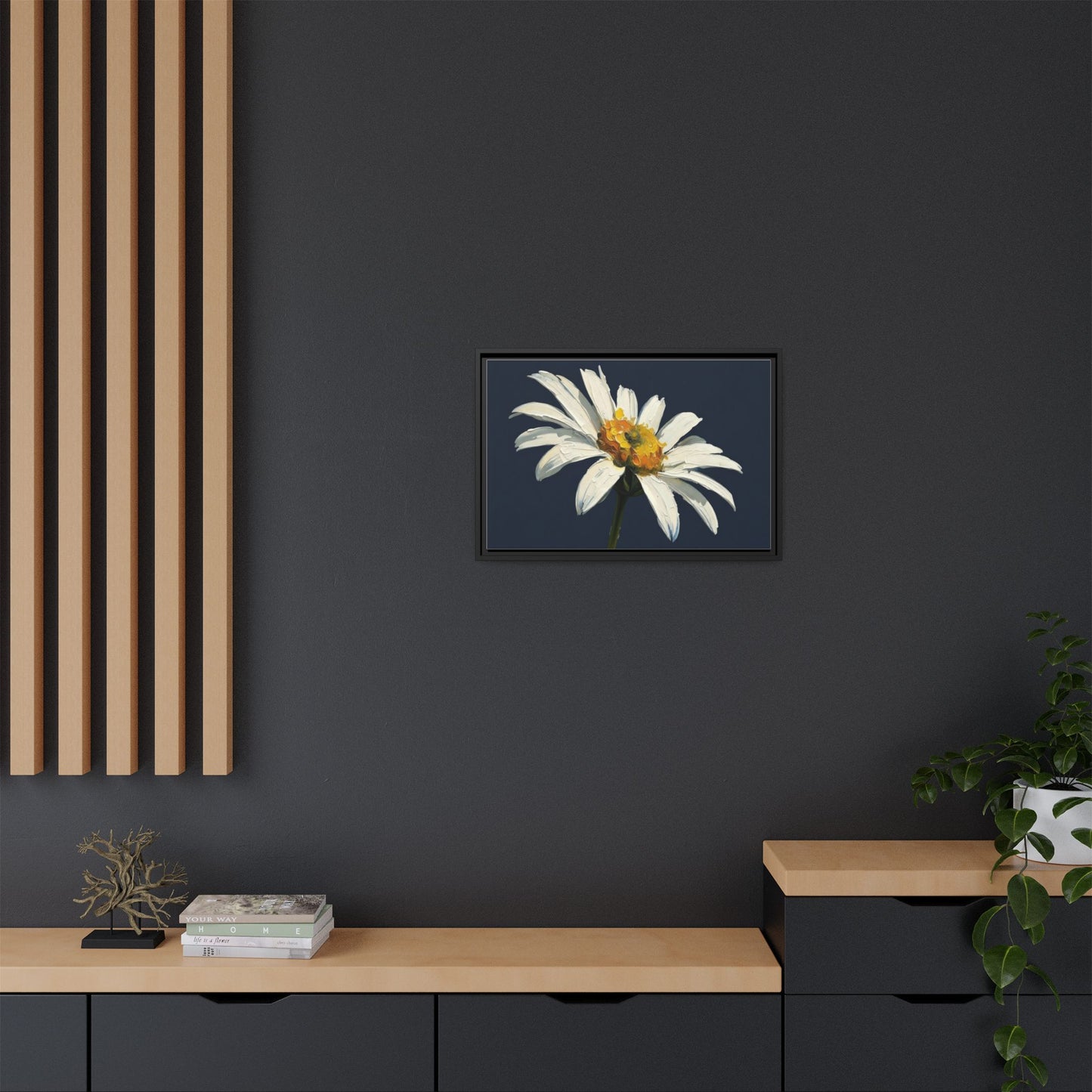 Framed Matte Canvas Daisy Wall Art — White Floral Painting on Navy