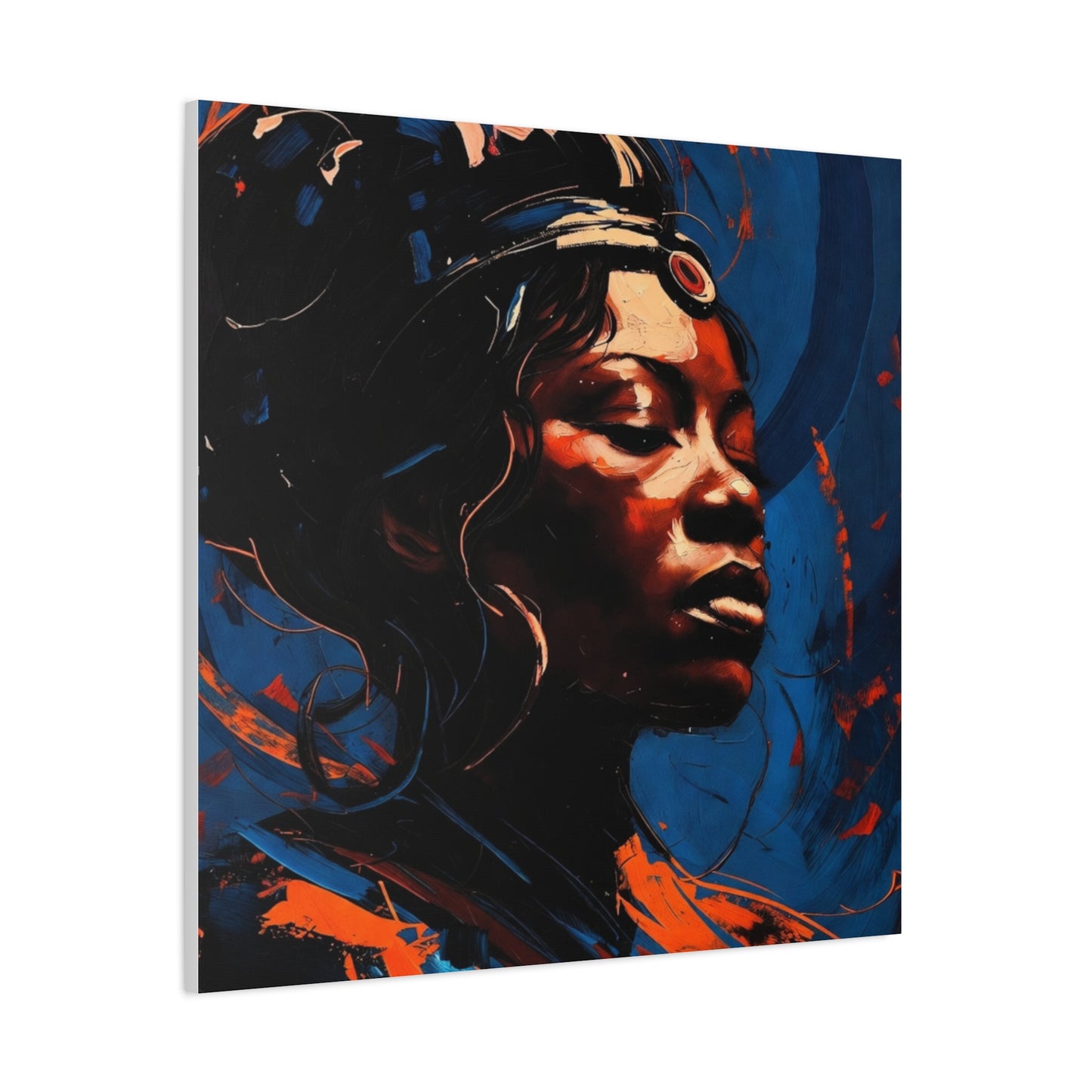 Regal Afrocentric Portrait Matte Canvas Art – Vibrant Blue & Orange Stretched Wall Decor