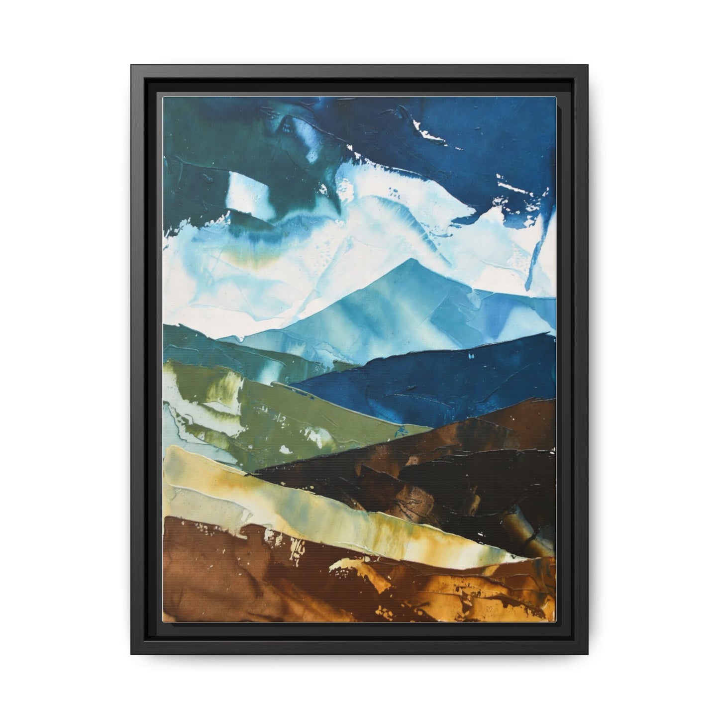Framed Abstract Mountain Canvas Art — Blue & Earthtone Landscape Print