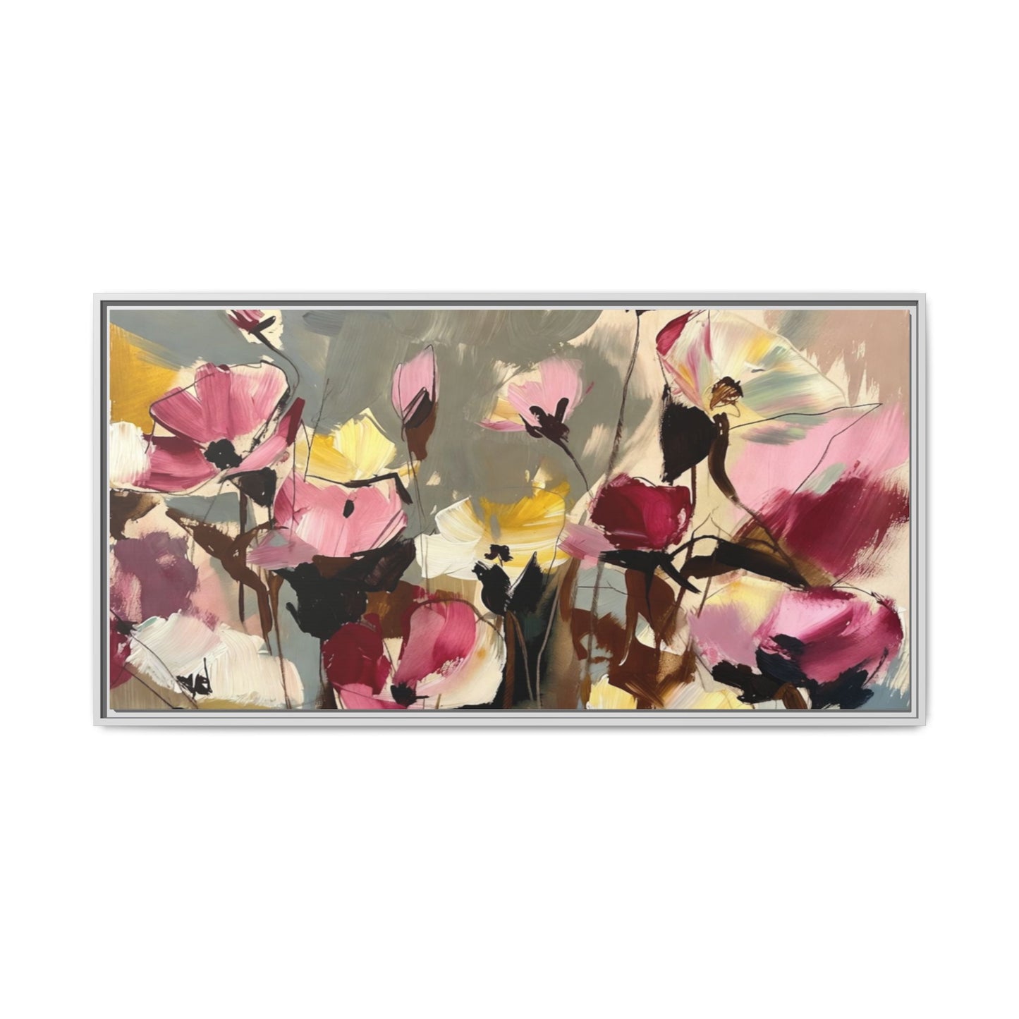 Framed Floral Canvas Wall Art — Abstract Pink & Yellow Flowers