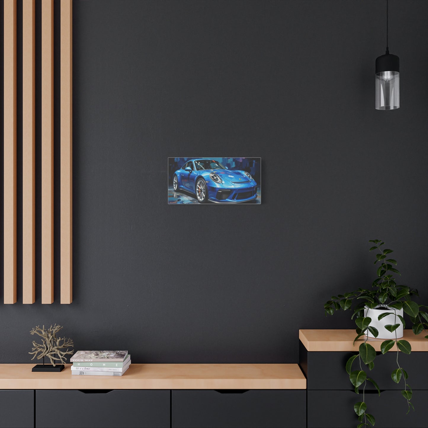 Blue Sports Car Canvas Wall Art — Modern Automotive Painting on Stretched Matte Canvas