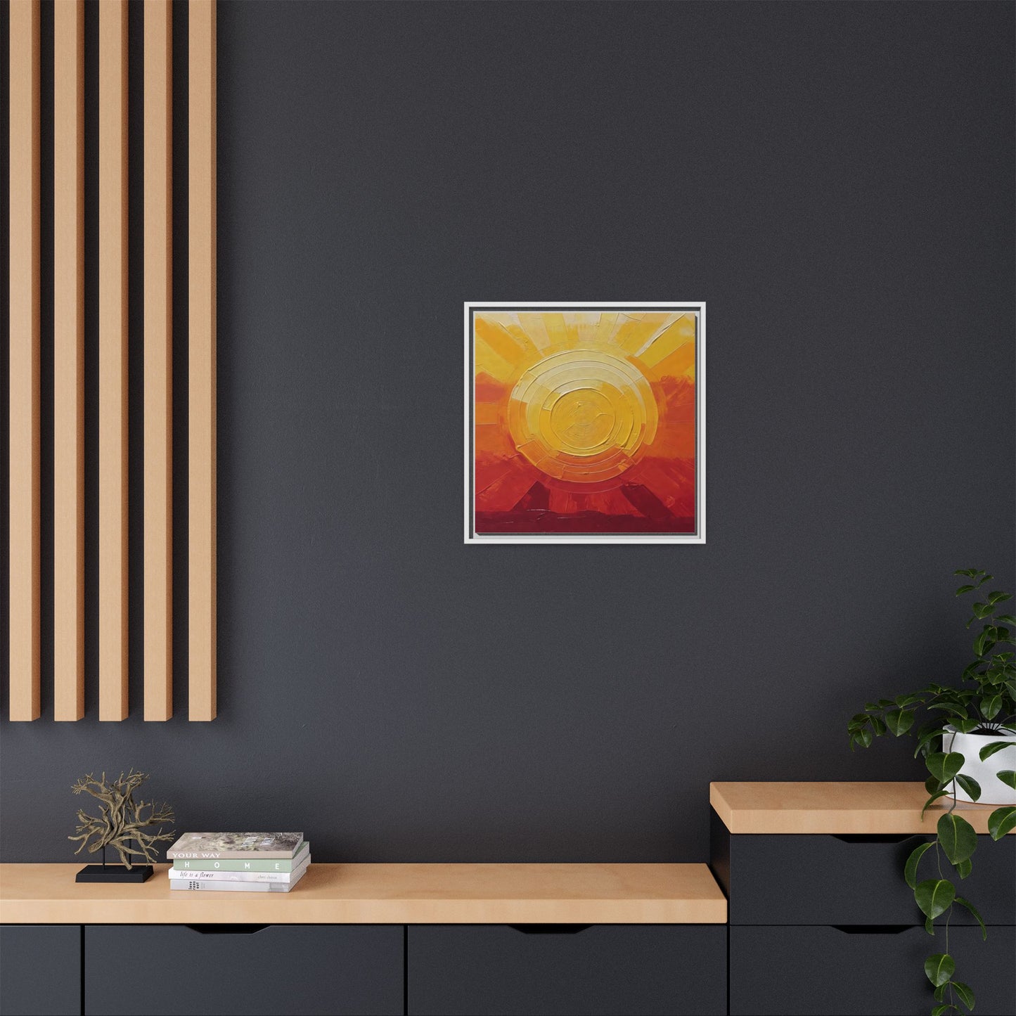 Sunburst Abstract Framed Canvas Art — Matte Multi‑Color Wall Print
