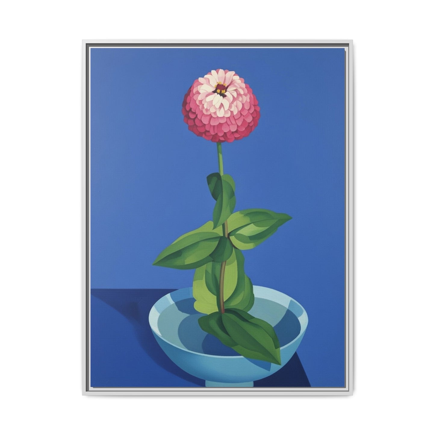 Framed Matte Canvas Art — Pink Zinnia in Blue Bowl (Botanical Still Life)