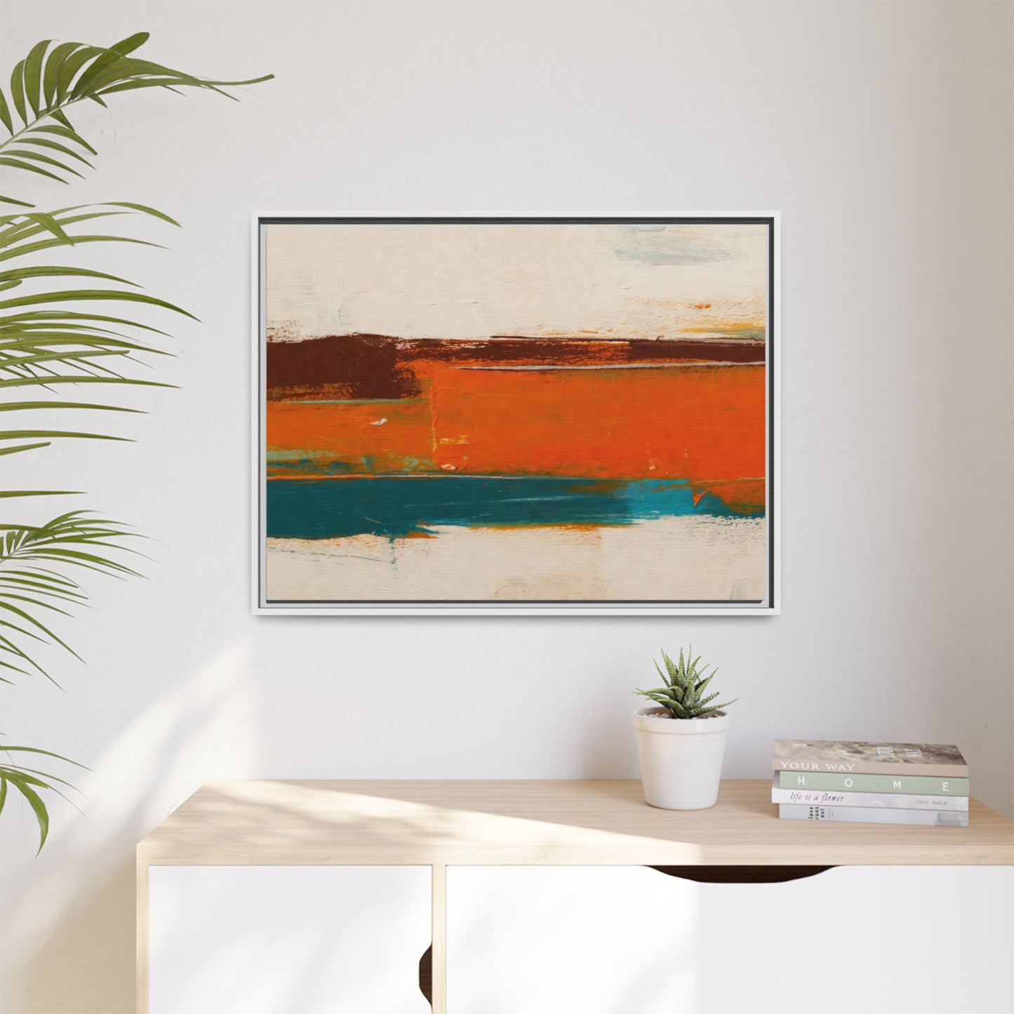 Abstract Horizon Matte Canvas Framed Print — Modern Orange Teal Wall Art