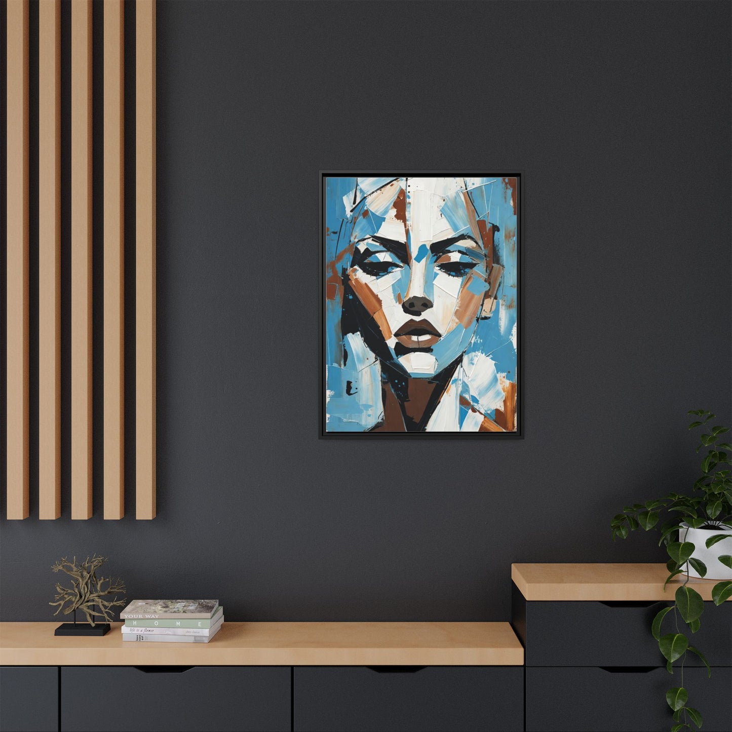 Abstract Blue Face Matte Canvas Wall Art — Framed Modern Portrait Print
