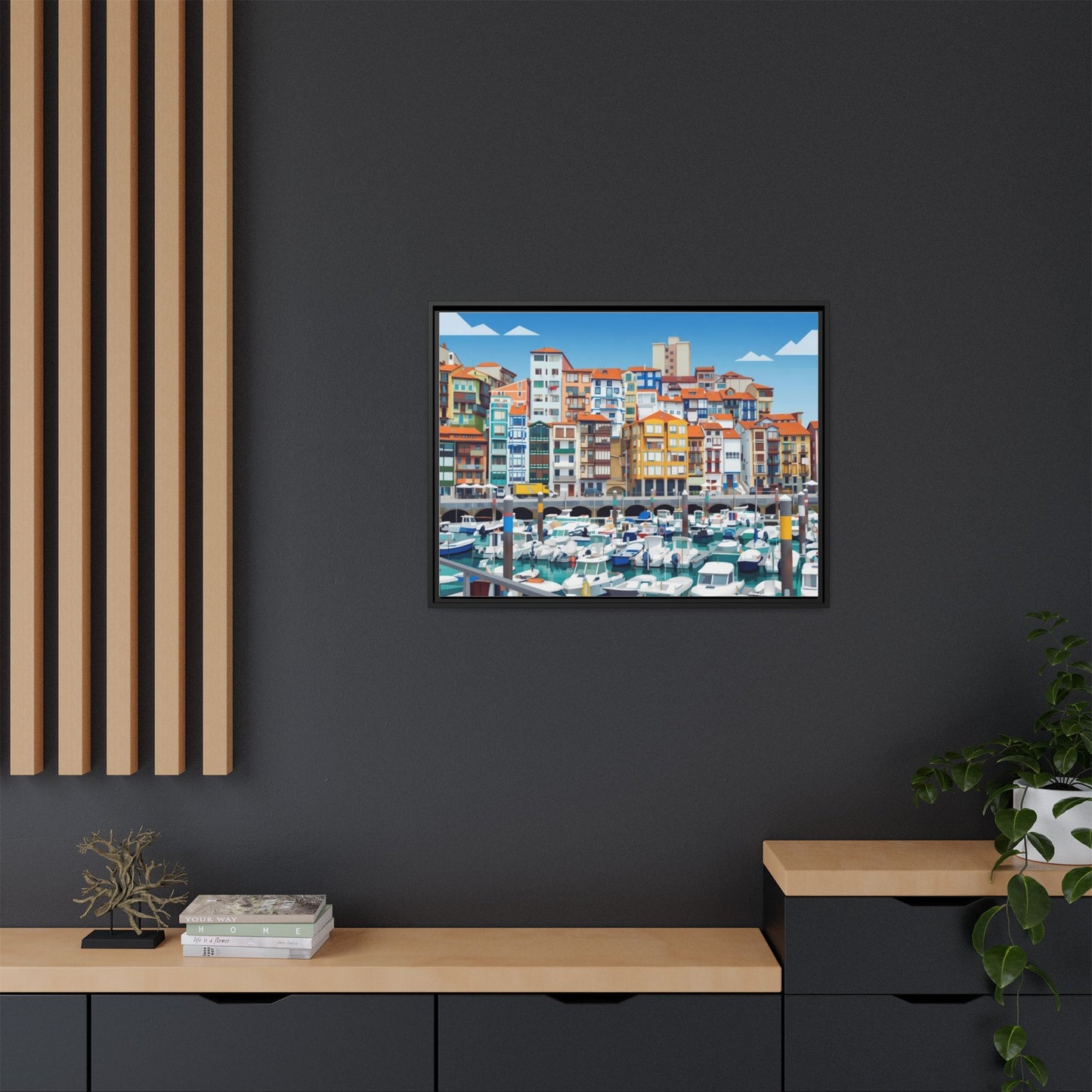 Framed Matte Canvas Print — Colorful Mediterranean Harbor Illustration
