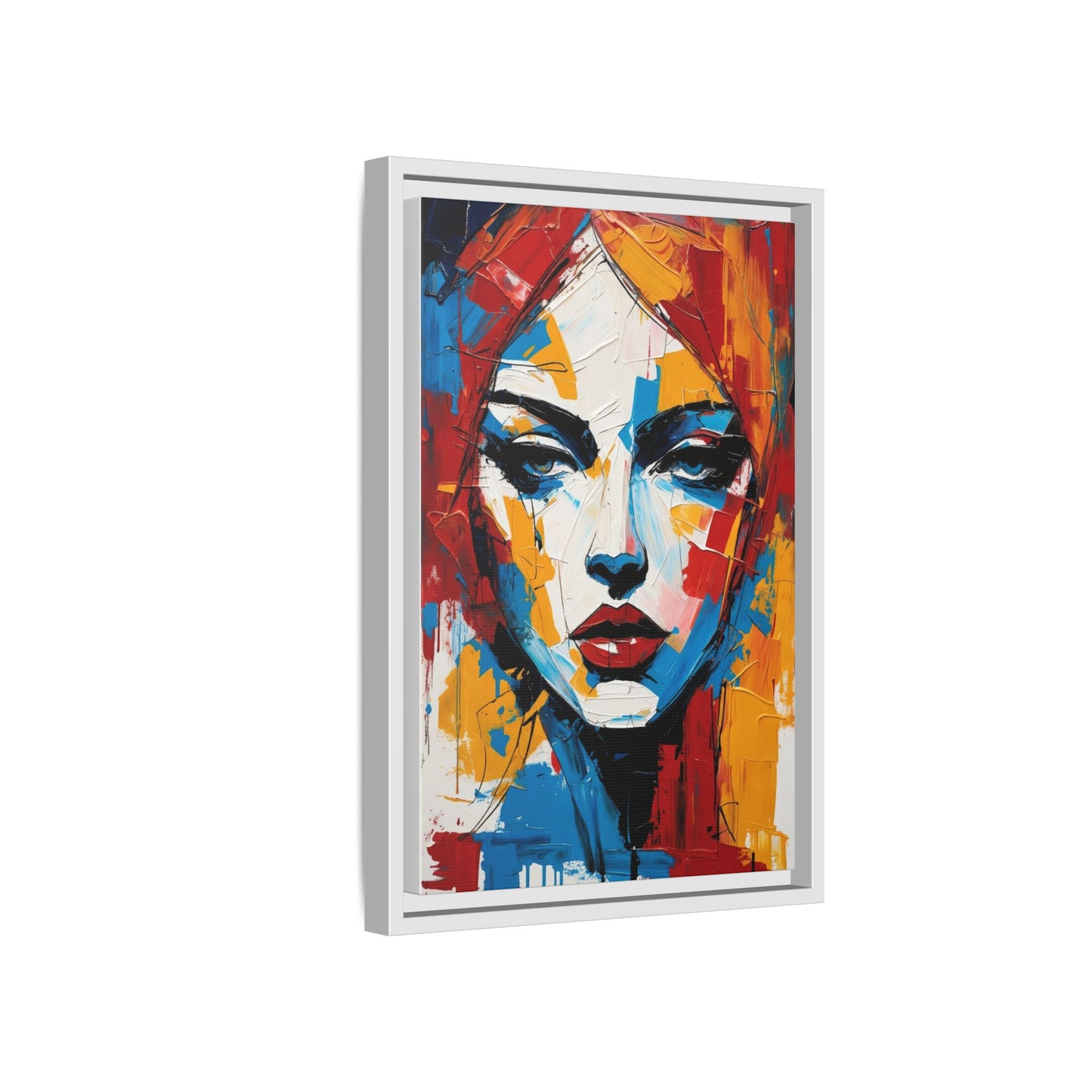 Framed Abstract Portrait Canvas — Colorful Female Face Wall Art