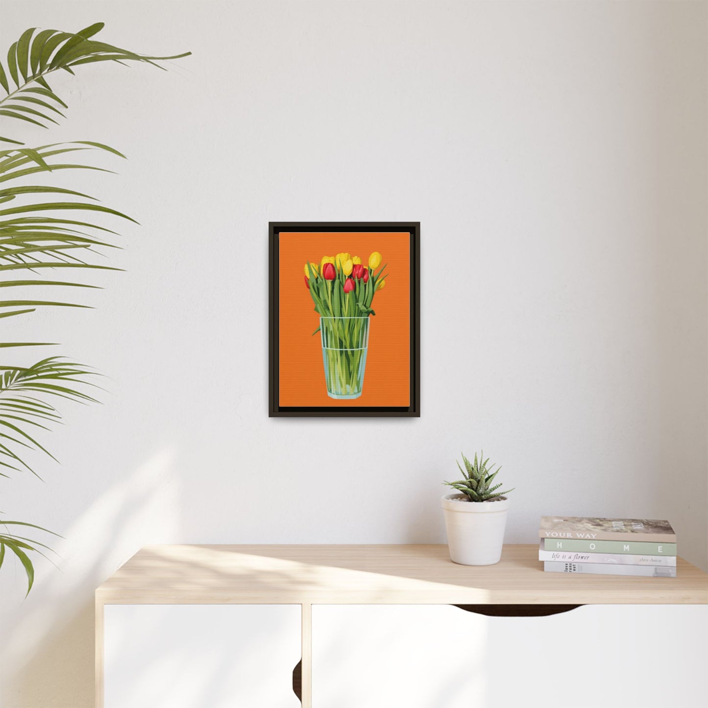 Framed Tulip Canvas Print — Colorful Tulips in Glass Vase