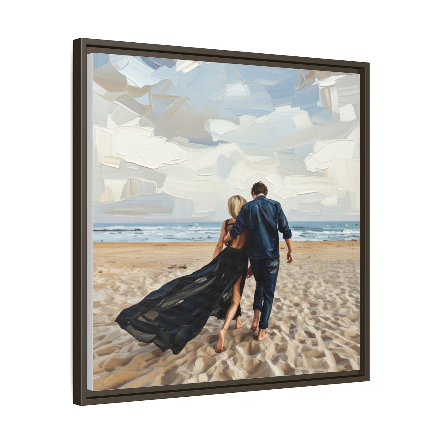 Framed Canvas Wall Art — Romantic Couple Walking on Beach Print