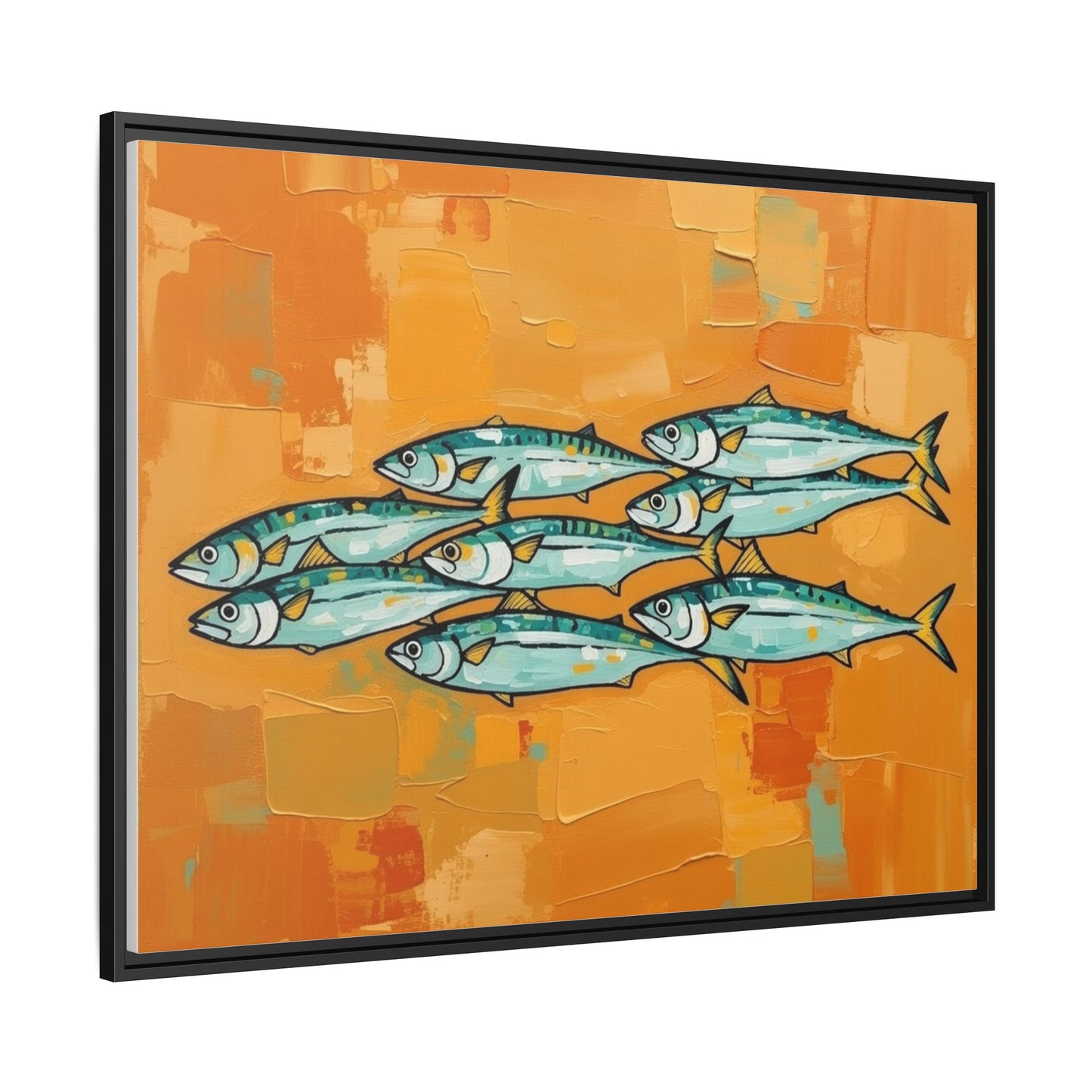 Framed Matte Canvas Print — School of Blue Fish on Orange Abstract Background