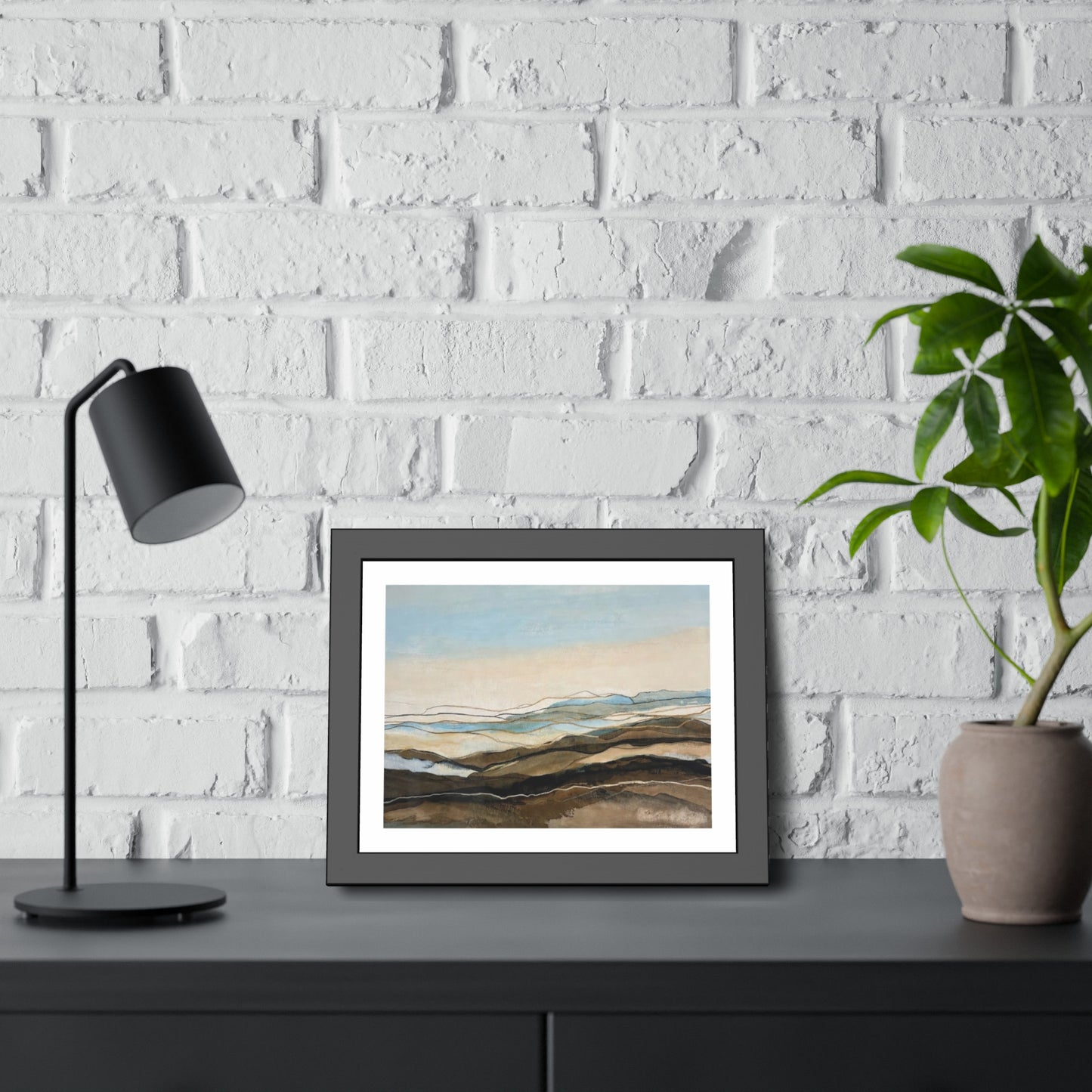 Coastal Abstract Landscape Framed Poster — Serene Blue & Earthtone Wall Art