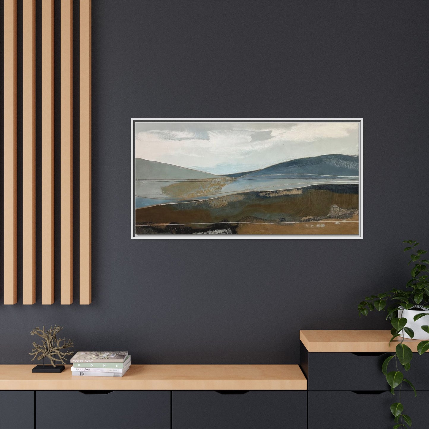 Framed Matte Canvas Landscape Art - Serene Abstract Hills in Blue & Earth Tones