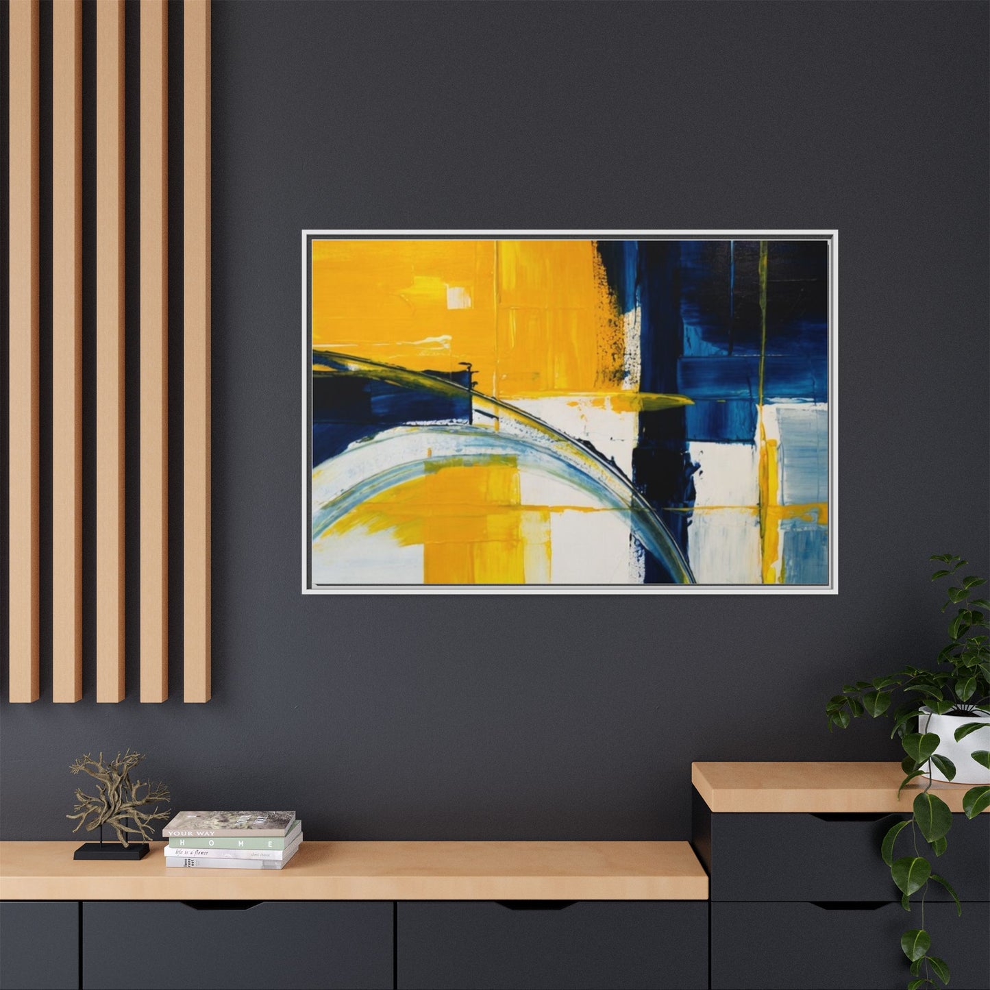 Abstract Yellow & Blue Framed Canvas Wall Art — Modern Matte Canvas Print